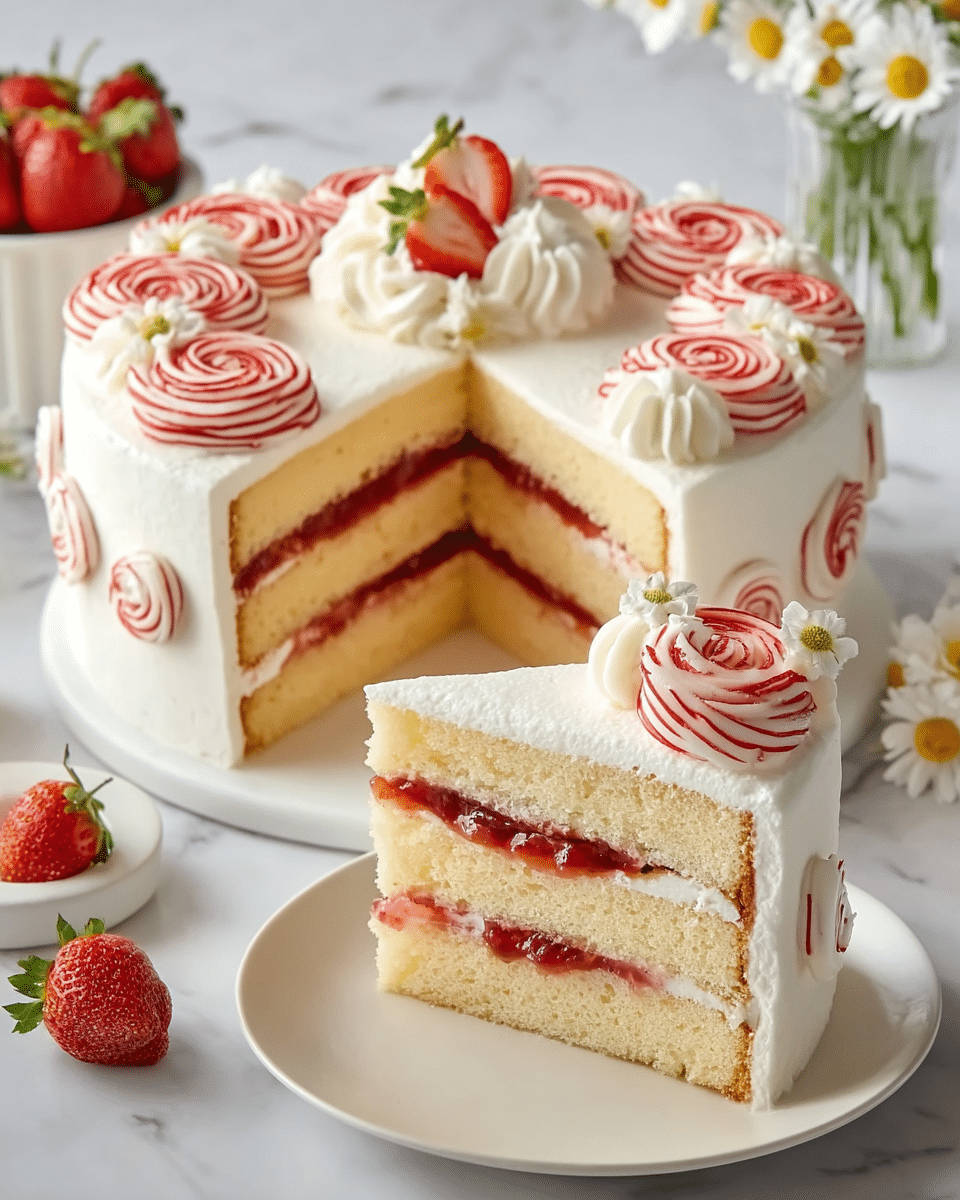 The image shows a three-layer vanilla sponge cake covered in smooth white cream. Between each sponge layer, there is a thin red jam filling with small pieces of fruit. The top of the cake has a circle of red swirled icing roses along the edge. In the center, there is a dollop of white whipped cream decorated with a few strawberry slices and a whole small strawberry with a green stem. A single slice is cut out and placed next to the cake on a white plate, showing the layers clearly. The slice is also topped with whipped cream swirls and a strawberry half. The background is a white marbled surface with a small bowl of strawberries and a vase of white flowers. Photo taken with an iphone --ar 4:5 --v 7