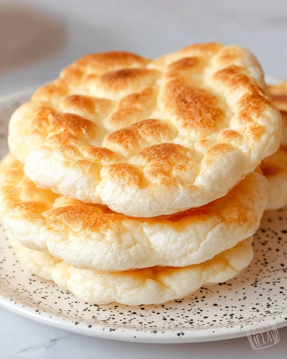 A close-up of a stack of three fluffy cloud breads on a white plate with black speckles, each piece showing a light golden-brown color on top with a soft, pillowy texture, and creamy white edges underneath; the breads have an uneven, bumpy surface resembling clouds and the plate sits on a white marbled texture background. photo taken with an iphone --ar 4:5 --v 7