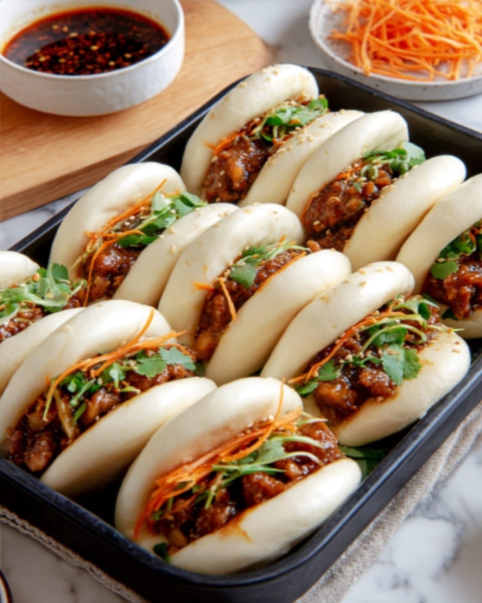 The image shows a black rectangular tray filled with eight steamed buns, each bun layered with a soft, white, fluffy outer bread. Inside each bun, there is a filling made of small pieces of cooked meat coated in a glossy brown sauce, topped with chopped green herbs and thin orange shredded vegetables. The buns are neatly lined up in two rows on a white marbled surface. In the background, there is a small white bowl with a dark red sauce, a light wooden board, and some extra shredded orange vegetables. Photo taken with an iphone --ar 4:5 --v 7