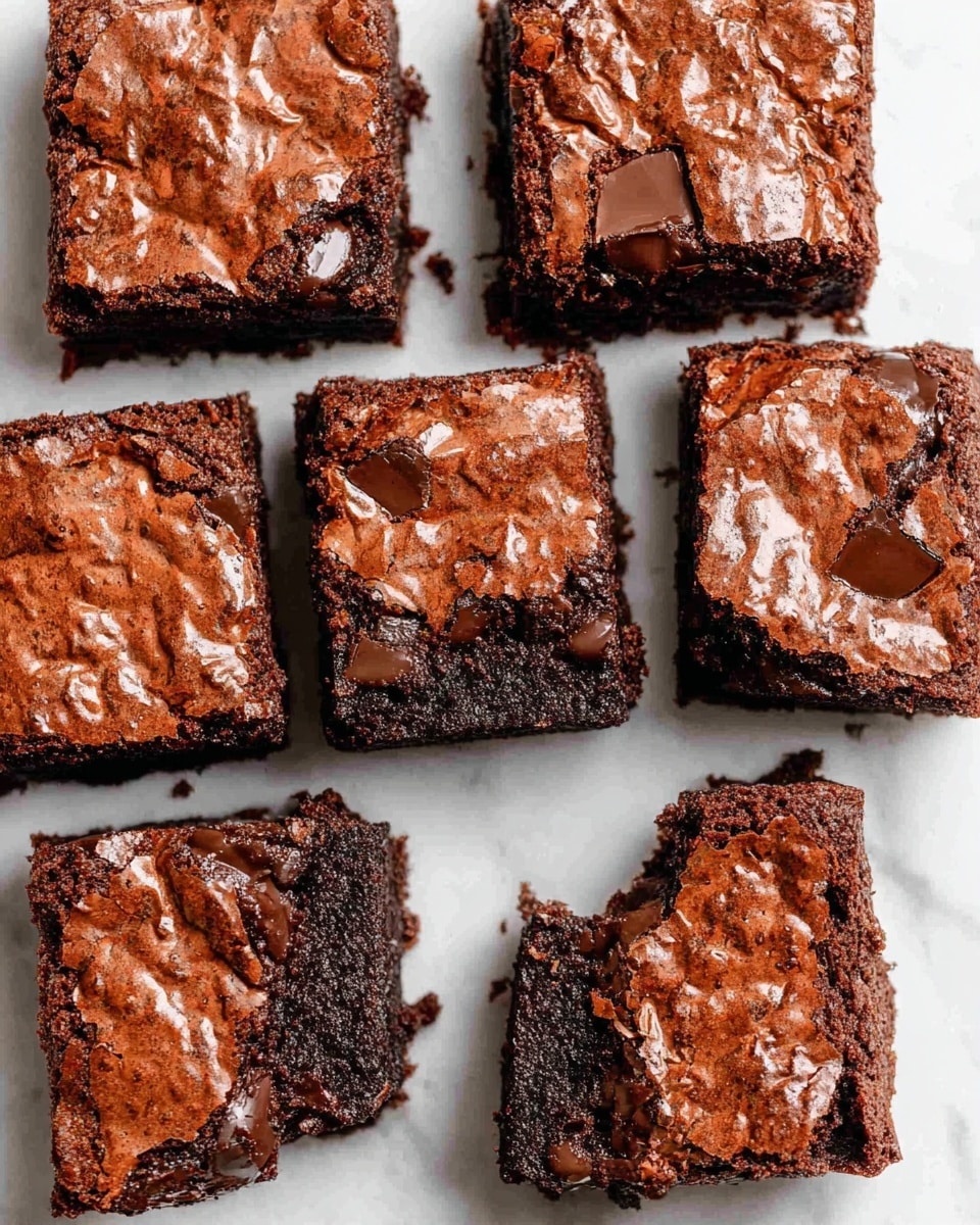 Six square brownies are arranged neatly on a white marbled surface, each showing a glossy, thin crackled top layer in light brown with shiny highlights. Below the top layer, the dense, dark brown cake layer is moist and rich, dotted with chunks of melted dark chocolate visible near the edges and center of some pieces. The brownies have slightly rough edges and one bottom corner is missing a small bite, showing the soft interior texture. Photo taken with an iphone --ar 4:5 --v 7