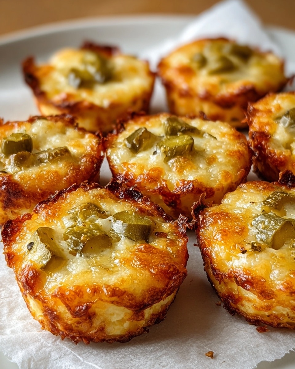 A close-up view of eight small, round, golden-brown cheesy bites arranged on white parchment paper on a white plate. Each bite has a crispy, browned edge with a slightly bubbled cheese texture, topped with small pieces of green pickles. The cheese looks melted and creamy with flecks of herbs visible throughout. The background has a soft blur, focusing on the detailed texture of the crispy cheese and pickle pieces. photo taken with an iphone --ar 4:5 --v 7