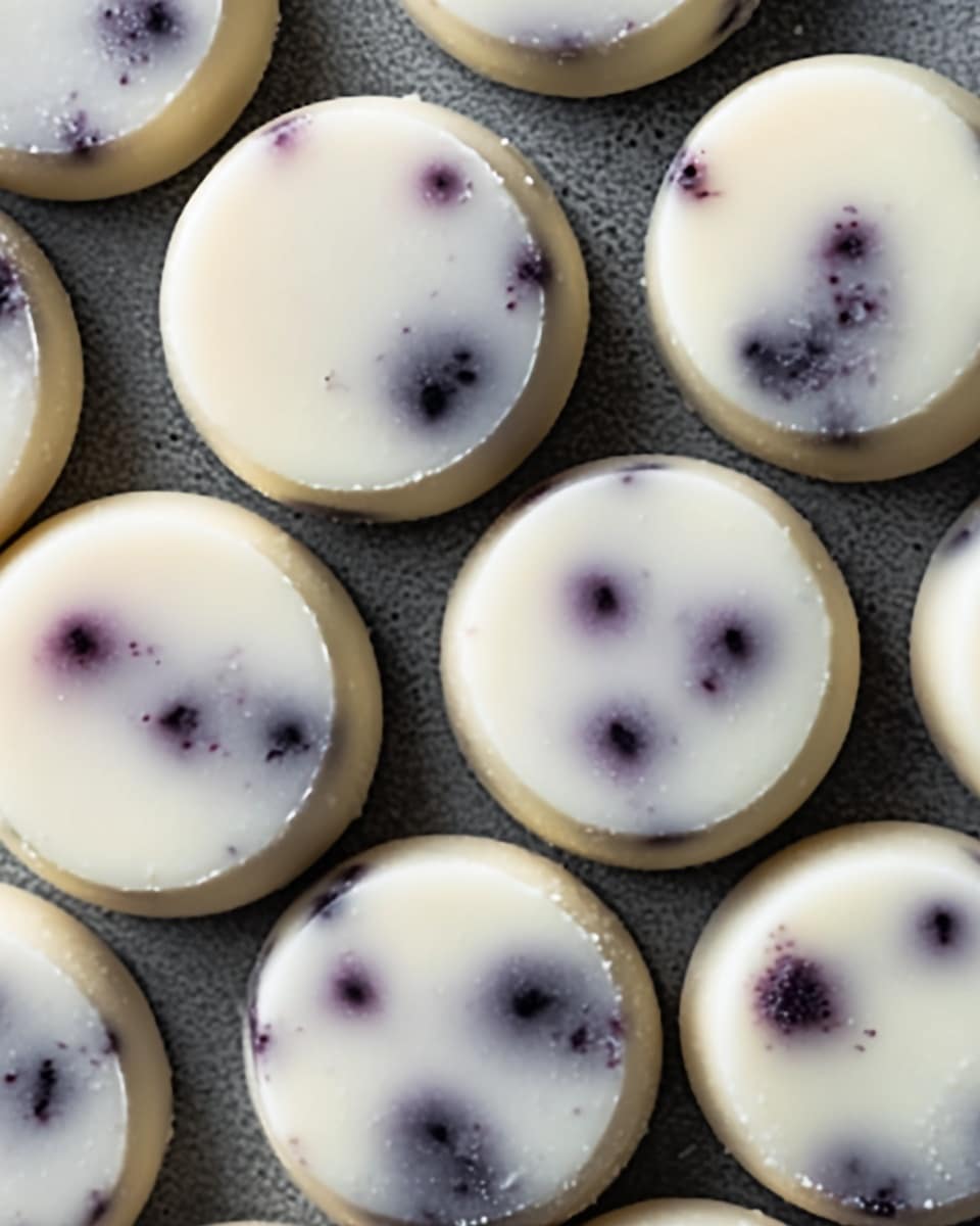 The image shows a close-up of round treats arranged closely together, each with a smooth, creamy white outer layer that has a soft matte texture. Just under the surface, there are small, dark purple spots that show through the white coating, giving each piece a unique pattern. The treats are placed on a flat surface with a fine, slightly rough texture, appearing dark gray and matte. The overall look is neat, with the round shapes fitting tightly. Photo taken with an iphone --ar 4:5 --v 7