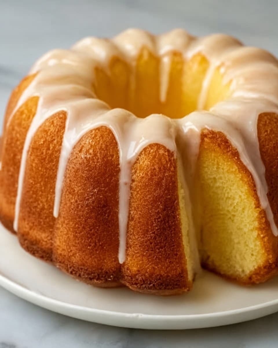 A light golden Bundt cake with a smooth, glossy white icing dripping softly down its rounded ridges sits on a white plate, placed on a white marbled surface. The cake has a firm, even texture with a slightly darker brown crust around the base, highlighting the soft yellow interior. The icing flows gently over the top and edges, creating a delicate contrast with the warm cake color. photo taken with an iphone --ar 4:5 --v 7
