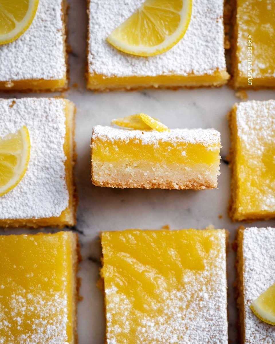 The image shows several lemon bars arranged in a grid on a white marbled surface. Each bar has two layers: a bottom layer that is light golden and crumbly, and a top layer of thick, bright yellow lemon filling with a slightly glossy texture. The top of each bar is dusted with white powdered sugar, and some bars are decorated with a small yellow lemon wedge placed on the top left corner. One bar in the center is held up horizontally, showing a clear side view of both layers. The edges of the bars are straight and clean cut. Photo taken with an iphone --ar 4:5 --v 7