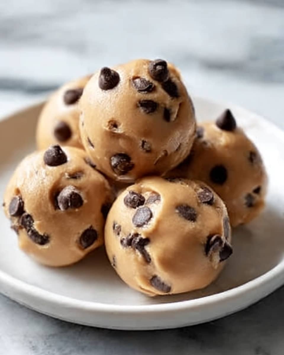 A white plate holds six round peanut butter balls covered in a smooth light brown coating with several dark chocolate chips visible on the surface of each ball; the balls are piled in the center, showing a shiny texture and a soft, slightly glossy finish. The background is a white marbled texture. Photo taken with an iphone --ar 4:5 --v 7
