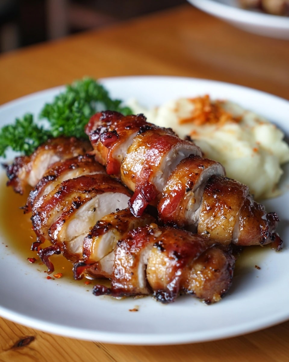 The dish shows three pieces of bacon-wrapped chicken arranged in a stack on a white plate, each piece glazed with a shiny, golden-brown sauce giving a slightly crispy texture with visible char marks. One chicken piece is sliced into thick segments to reveal the white cooked meat inside, while the bacon looks crispy and caramelized with bits of red seasoning. To the back right on the plate, there is a small serving of creamy mashed potatoes with a few orange crumbs on top, and a small bunch of green parsley placed next to it adds a fresh color contrast. The plate sits on a wooden surface, and the background is softly blurred. Photo taken with an iphone --ar 4:5 --v 7