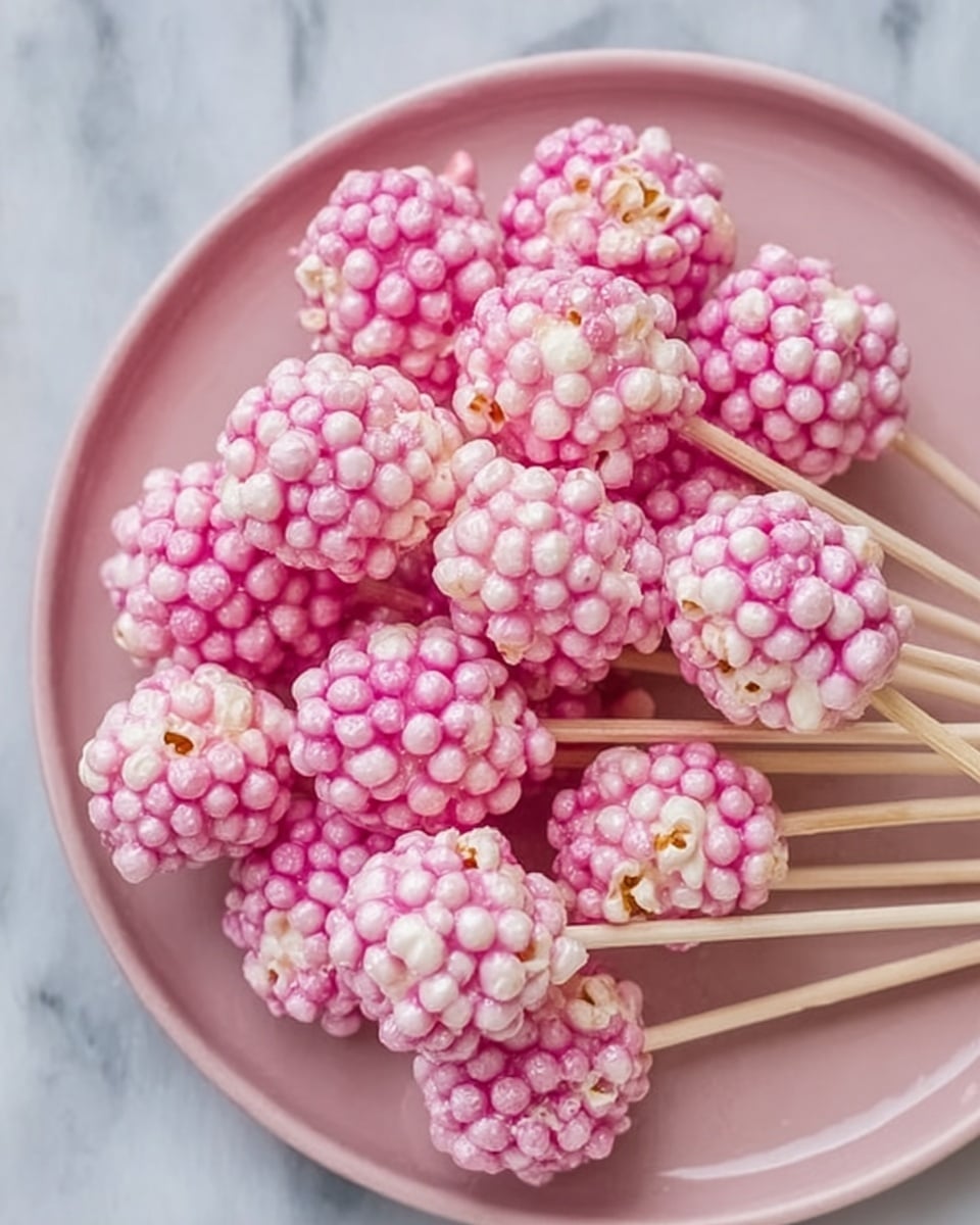 The image shows a pink plate with several pink popcorn balls on wooden sticks arranged in a cluster. Each popcorn ball has multiple layers of small, round, shiny pink-coated popcorn pieces tightly packed together, giving the texture a bumpy look. The sticks are thin and light-colored, poking out of one side of the popcorn clusters. The plate sits on a white marbled surface background. photo taken with an iphone --ar 4:5 --v 7