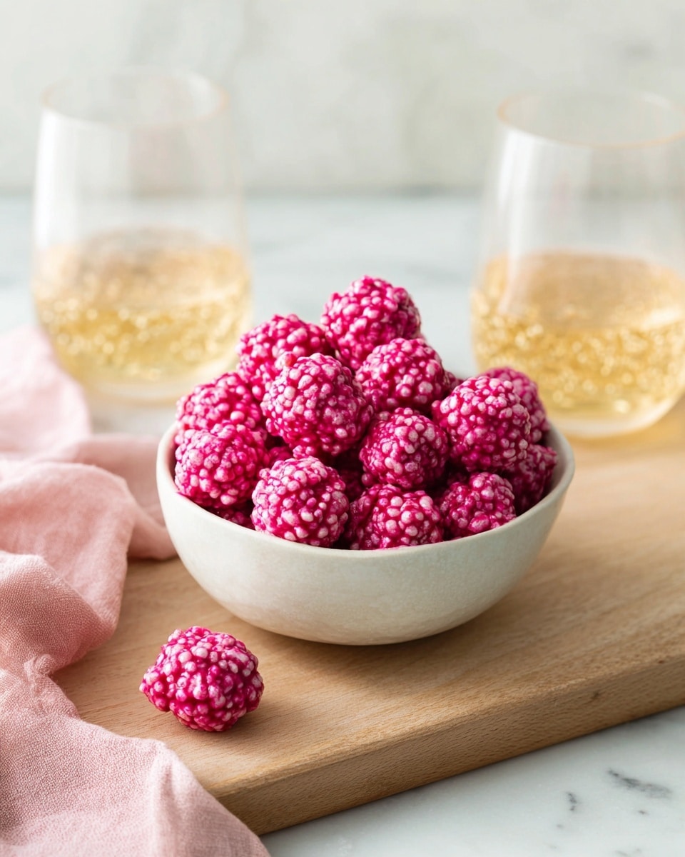 A white bowl filled with small, round clusters coated in a thick, bright pink creamy layer, giving them a textured and bumpy appearance. The bowl is placed on a light wooden cutting board, with a soft pink cloth napkin folded next to it. In the background, two transparent glasses are partially visible, one filled with a clear, fizzy liquid and the other with a light amber liquid. The whole scene is set on a white marbled texture. photo taken with an iphone --ar 4:5 --v 7