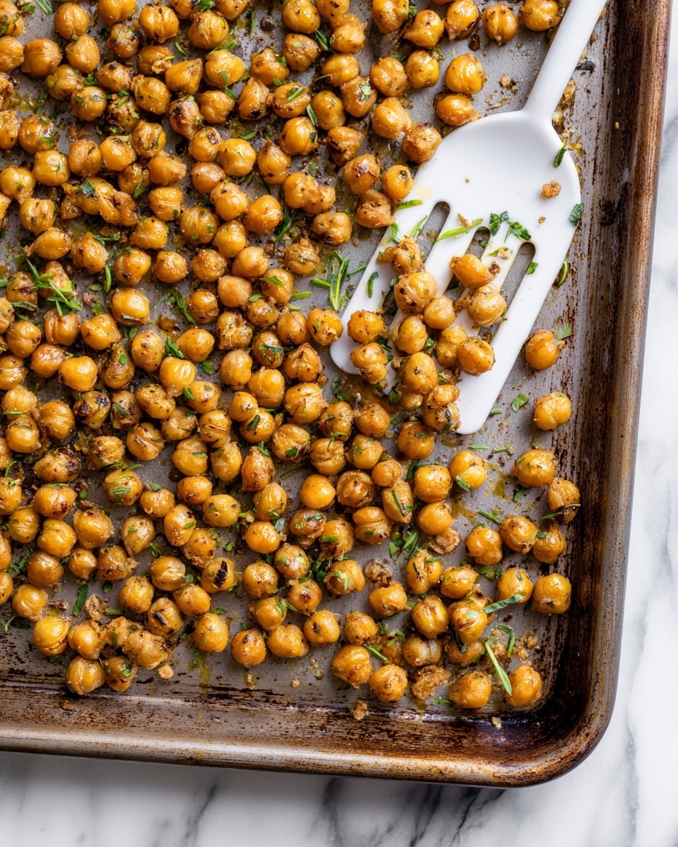 A close-up view of many golden-brown roasted chickpeas spread out on a light pink baking sheet, each chickpea coated with small green herb flakes. A white spatula is positioned on the right side, slightly lifting some chickpeas and showing more of the green herbs stuck to it. The baking sheet fills the frame with a textured but scattered arrangement of the chickpeas, creating a warm, crispy look. photo taken with an iphone --ar 4:5 --v 7