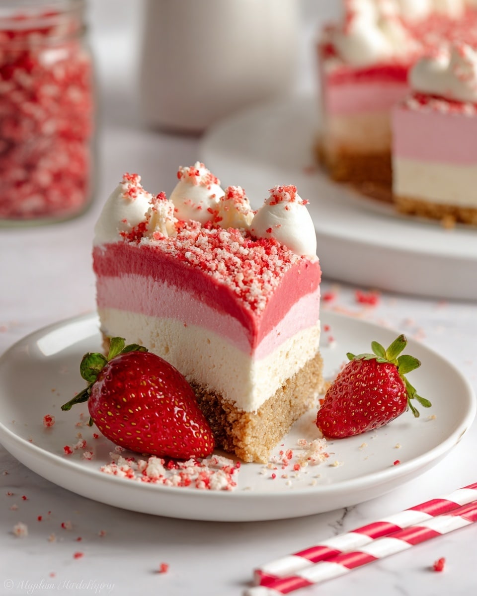 A slice of cake sits on a white plate with three layers: a light brown crumbly base, a thick white creamy middle layer, and a thick smooth pink top layer. The top of the cake is decorated with small white dollops of cream and sprinkled with red and light brown crumb crumbs. Beside the slice is a fresh red strawberry with green leaves. The plate is on a white marbled surface with scattered crumbs and two red and white striped straws in front. In the blurry background, there is another slice on a white plate and a jar filled with red crumbs. Photo taken with an iphone --ar 4:5 --v 7
