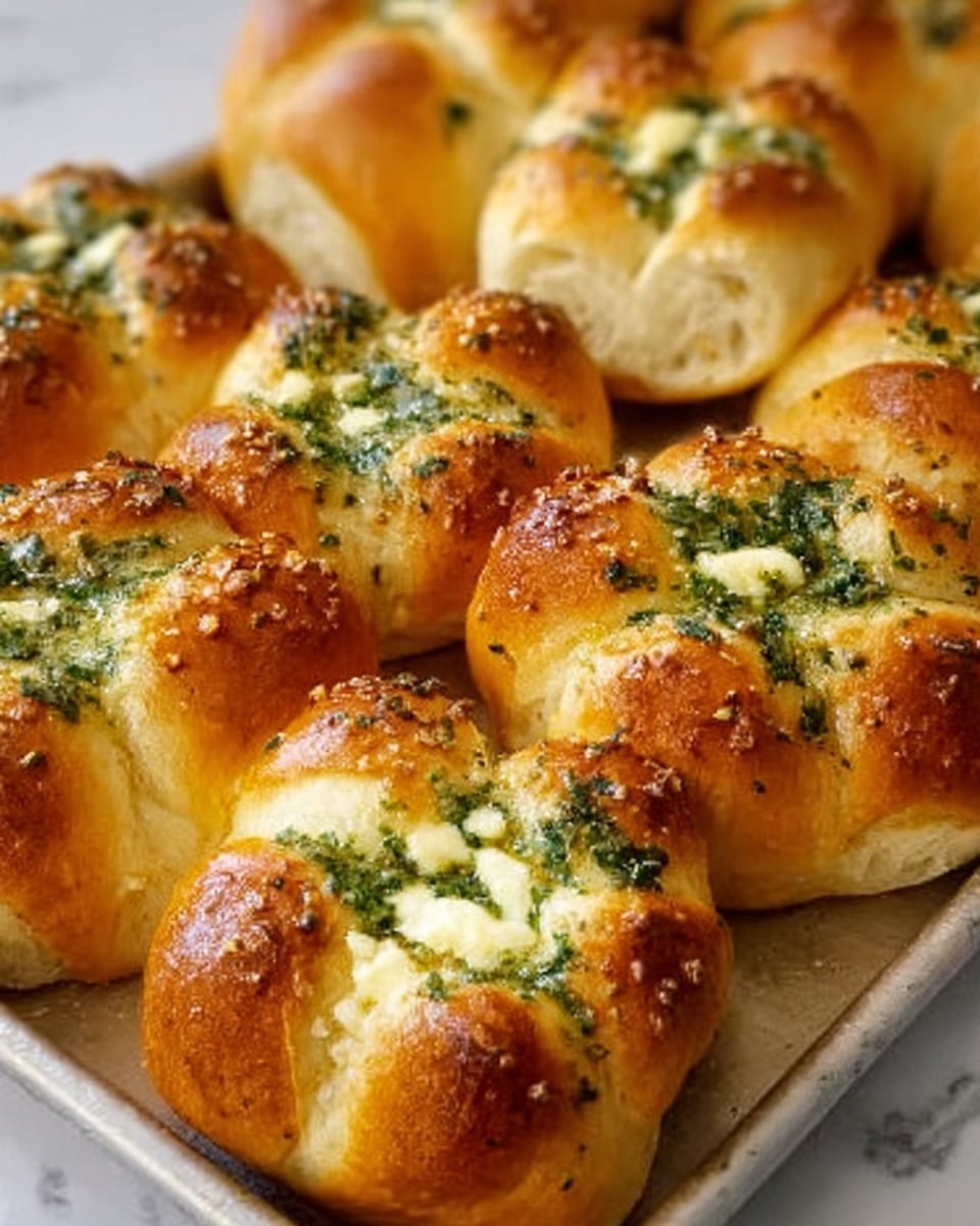 This image shows a tray full of golden brown bread rolls with a flower-like shape, each roll made up of five or six petals. The outer crust is shiny and crisp, while the inner parts are soft and fluffy with a pale cream color. Each roll has a topping of green herbs and melted butter in the center, adding texture and color contrast. The tray sits on a white marbled surface, and some crumbs are scattered around. photo taken with an iphone --ar 4:5 --v 7