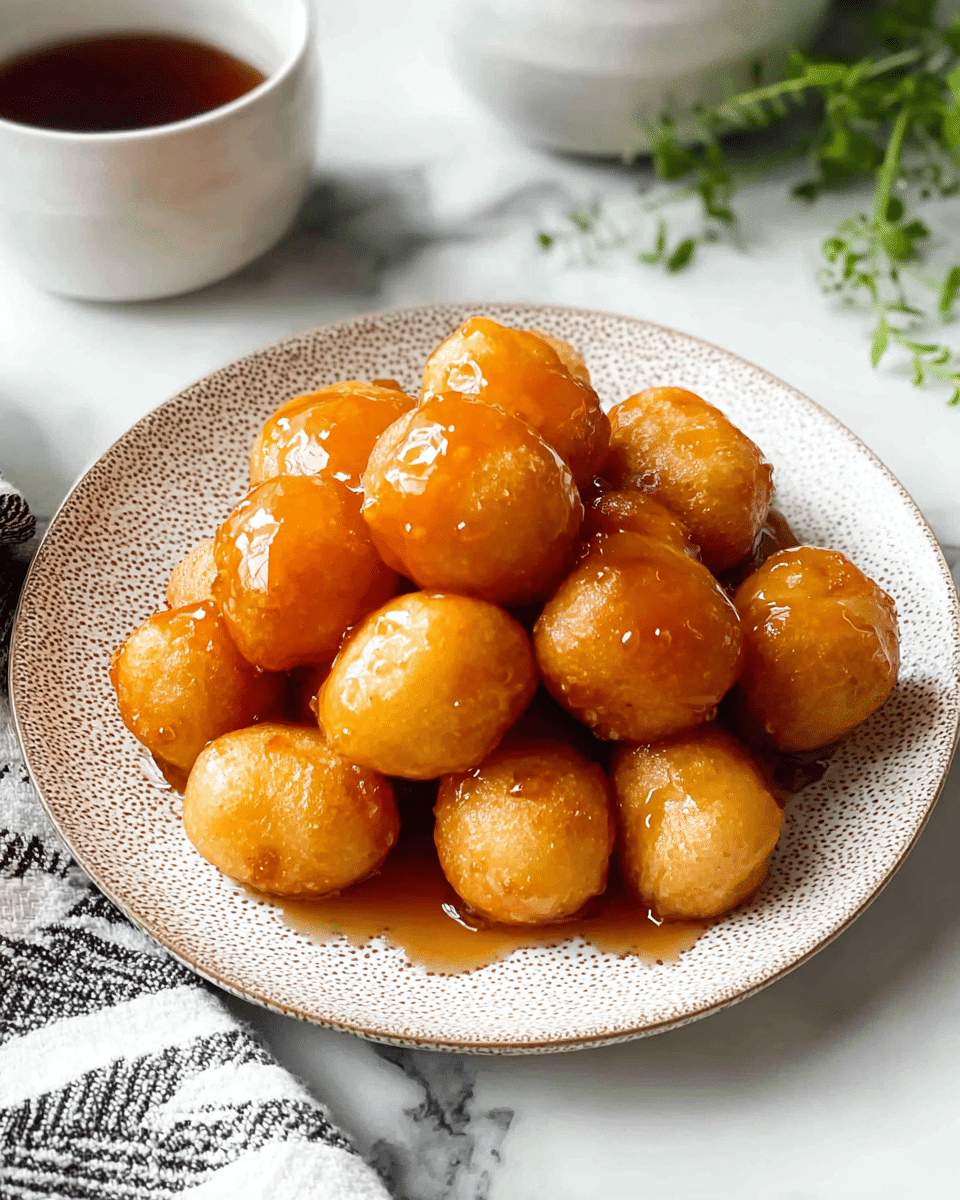 The image shows a white plate with a textured surface filled with about fifteen small golden brown fried dough balls covered in a shiny amber-colored syrup. The dough balls are clustered together in the center of the plate creating a warm and glossy look. The plate rests on a white marbled surface with a striped cloth partly visible underneath it and a white bowl with a dark liquid on the upper left side. Green herbs are blurred in the background on the right, adding freshness to the scene. Photo taken with an iphone --ar 4:5 --v 7