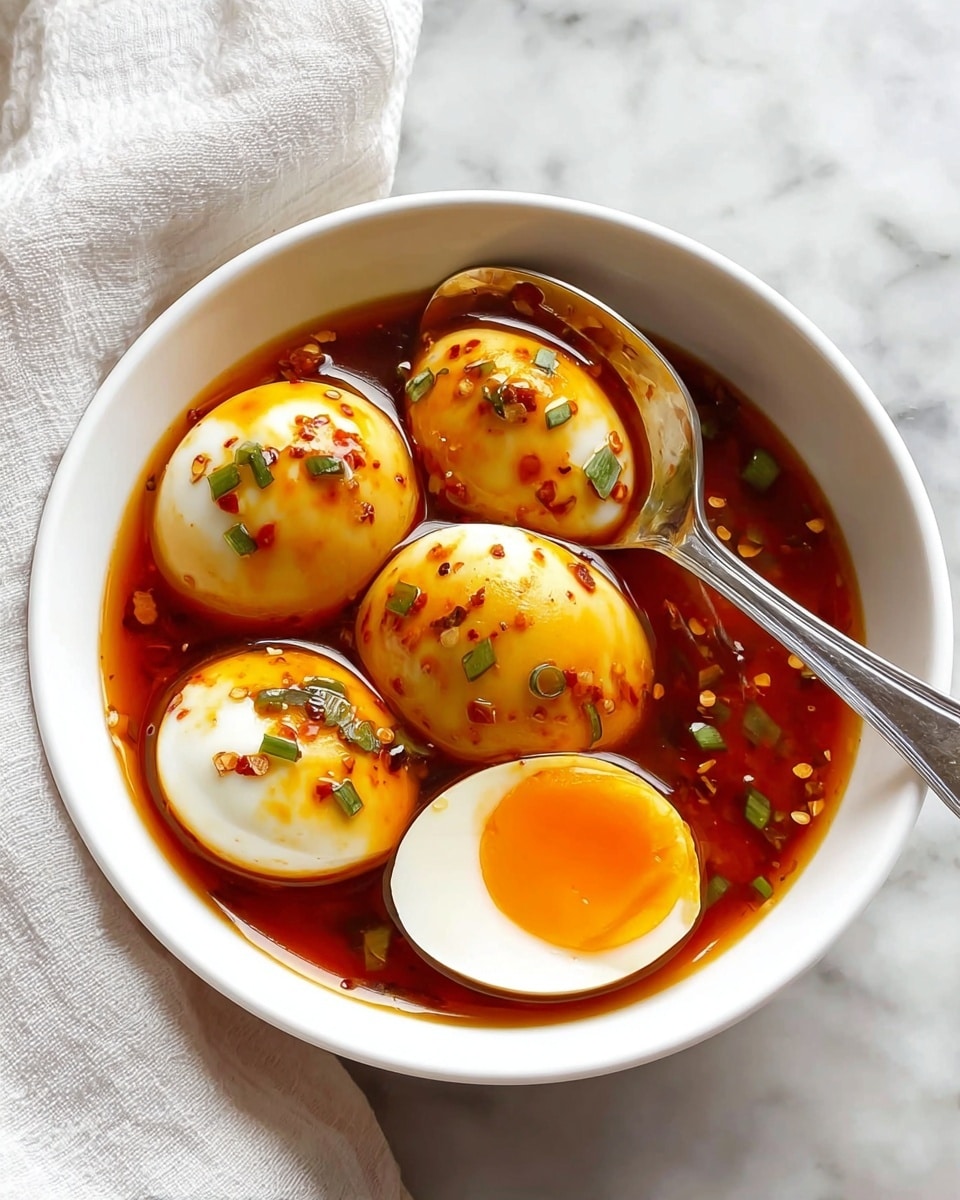 A white bowl filled with five soft-boiled eggs, four whole and one cut in half showing a bright orange, slightly runny yolk with a smooth white layer around it. The eggs are covered in a shiny, rich reddish-brown sauce with visible chili flakes and small green pieces of chopped herbs scattered on top. Two silver spoons rest inside the bowl, one holding the halved egg. The bowl is placed on a white marbled surface with a white cloth napkin partially visible nearby. photo taken with an iphone --ar 4:5 --v 7