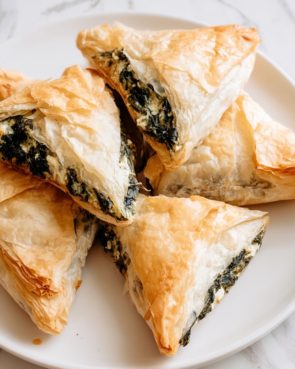 The image shows five triangular pastries on a white plate over a white marbled surface. Each pastry has a golden, flaky crust with a slightly crispy texture and a layered look on the outside. The center filling is dark green spinach mixed with white cheese, which peeks out from the sides of each triangle. The spinach filling looks cooked and soft, contrasting with the light, crunchy crust. The pastries are arranged in a casual pile, some overlapping each other. photo taken with an iphone --ar 4:5 --v 7