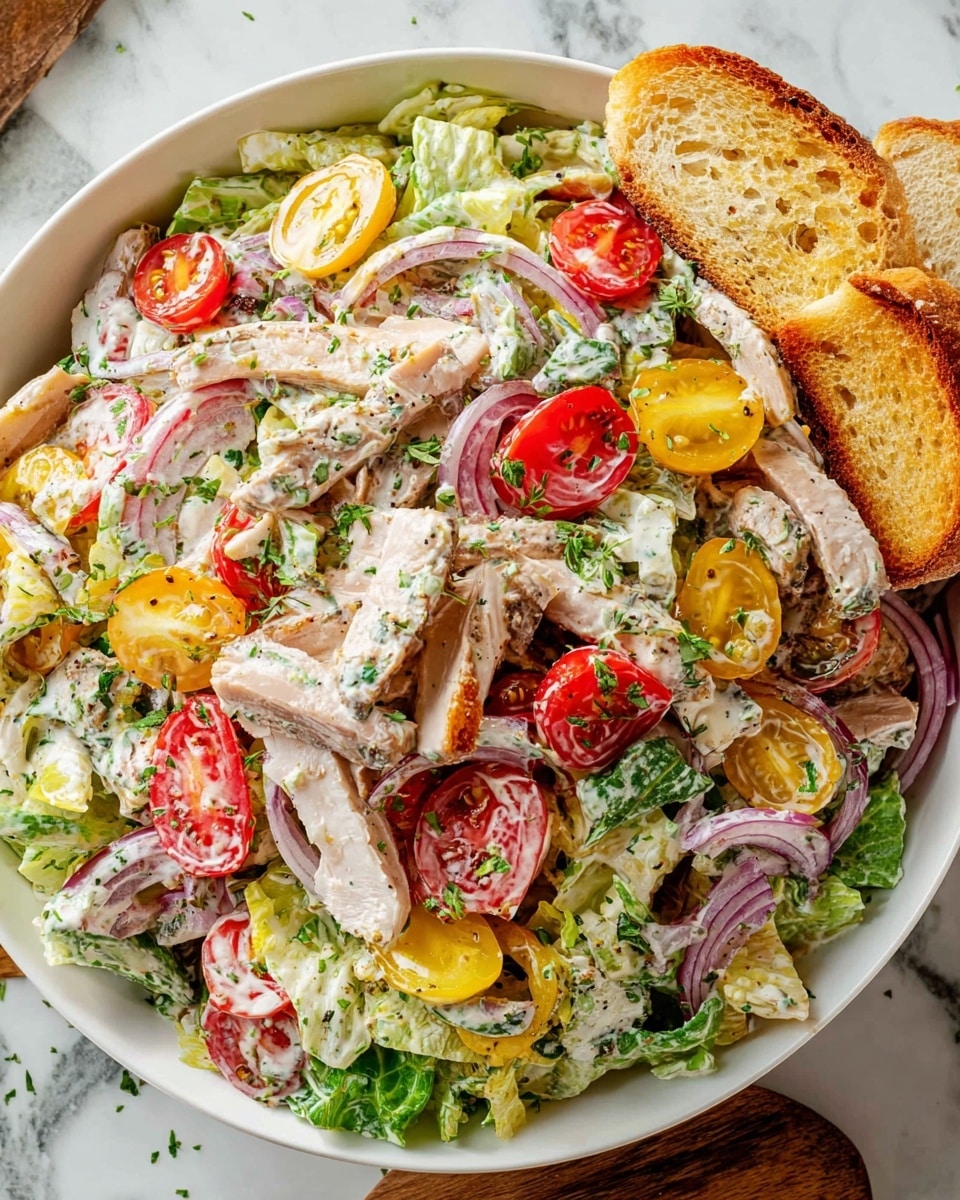 A white bowl filled with a colorful salad sits on a white marbled surface, showing layers starting from a base of chopped green lettuce leaves. On top, there are several layers of halved red cherry tomatoes, thin slices of red onion, strips of light beige turkey or chicken meat, and pieces of yellow pepper with some green herbs sprinkled throughout. The salad appears to be dressed with a creamy white sauce, lightly coating the ingredients. Two golden brown toasted bread slices rest on the right side, slightly overlapping the salad. Photo taken with an iphone --ar 4:5 --v 7