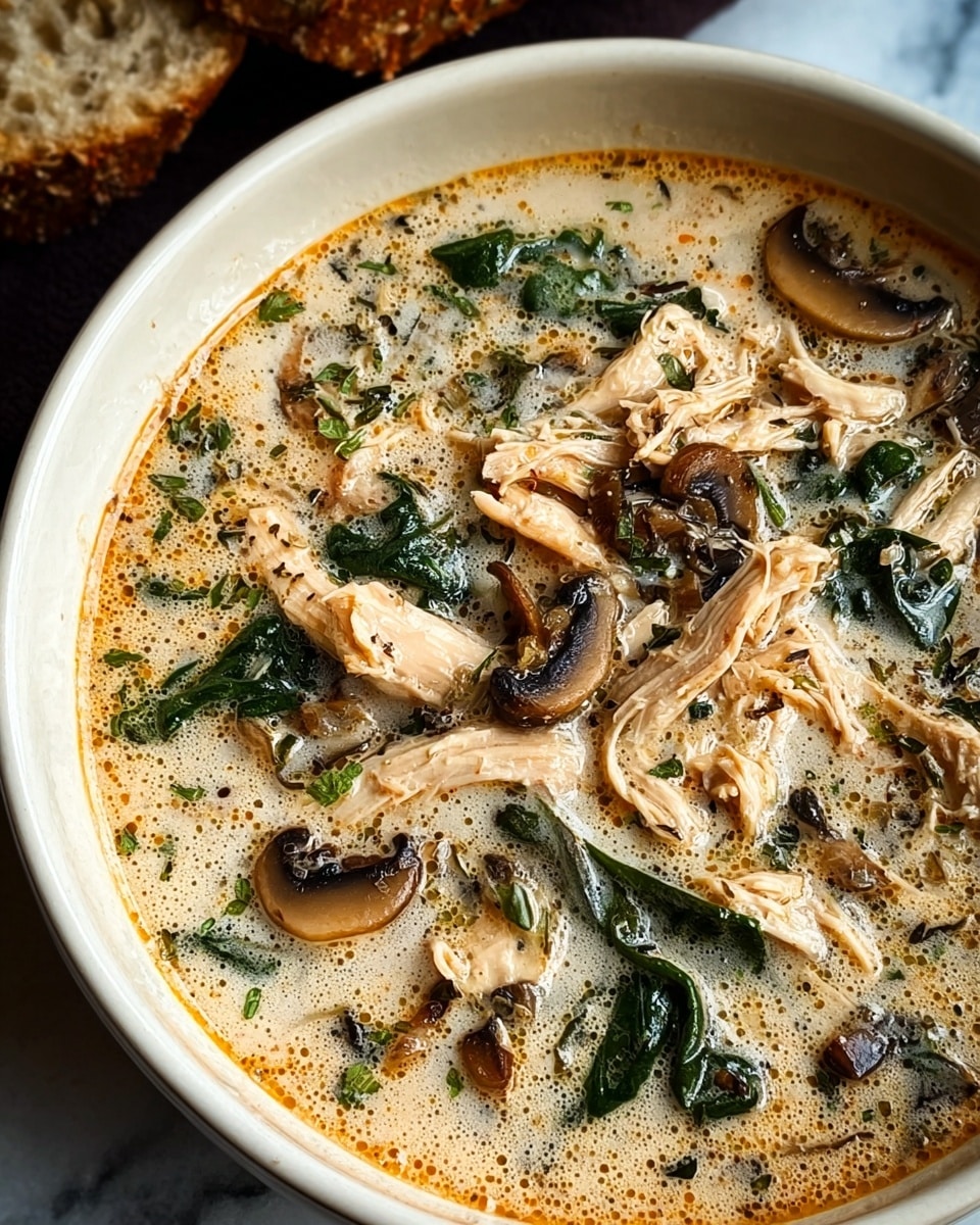 A close-up view of a creamy soup in a white bowl, featuring several layers of ingredients: shredded light brown chicken pieces scattered throughout, dark brown and beige sliced mushrooms floating on the surface, and dark green spinach leaves adding a fresh contrast. The soup base is light beige and frothy, speckled with small herbs and spices, giving it a rich texture. The bowl sits on a white marbled surface, with a rustic piece of bread visible in the dark background. Photo taken with an iphone --ar 4:5 --v 7