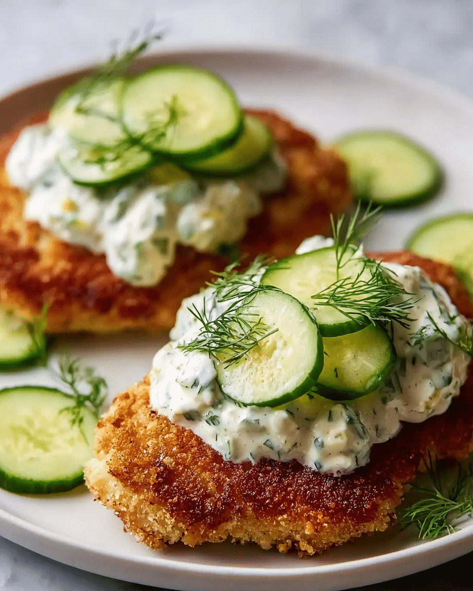 Two pieces of golden brown fried cutlets sit on a white plate, each topped with a creamy white sauce mixed with green herbs. On top of the sauce are thin slices of fresh green cucumber and small sprigs of dill. Additional cucumber slices are scattered on the plate around the cutlets. The plate is placed on a white marbled texture surface. photo taken with an iphone --ar 4:5 --v 7