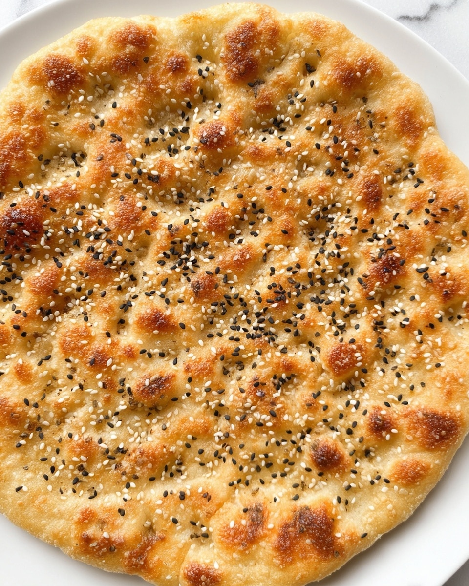 A close-up view of a round flatbread on a white plate, topped with a mix of white and black sesame seeds scattered evenly over its surface. The flatbread has a golden-brown color with raised bubbles and textured spots, giving it a slightly uneven, rustic look. The surface shows a pattern of small puckers and dimpled areas, highlighting its baked, soft yet crispy texture. The background is a white marbled texture. photo taken with an iphone --ar 4:5 --v 7
