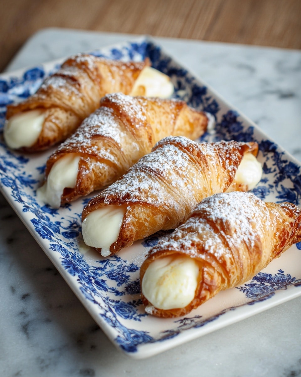A white rectangular plate with blue floral patterns holds four golden-brown cream-filled pastries, arranged in a line with the closest one in clear focus. Each pastry shows flaky, crispy layers and is lightly dusted with white powdered sugar. The cream filling is smooth and slightly browned on top, peeking out from both ends of the triangular shapes. The plate rests on a white marbled surface. photo taken with an iphone --ar 4:5 --v 7