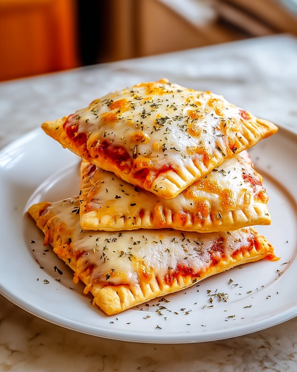 The image shows three square-shaped pieces of baked pizza pockets stacked on a white plate with a white marbled textured surface underneath. Each pocket has a golden, melted cheese layer on top with some browned spots and is sprinkled with dried herbs. Beneath the cheese layer, a bright red tomato sauce peeks out slightly from the edges, and the pockets have crimped edges with a light golden crust. Photo taken with an iphone --ar 4:5 --v 7
