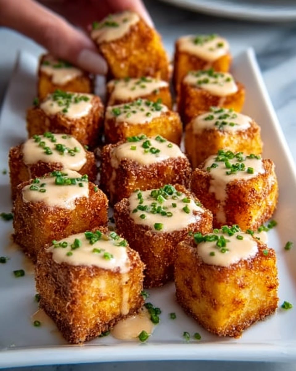The image shows a white rectangular plate filled with small cube-shaped fried tofu pieces. Each cube has a golden-brown crispy outer layer with a slightly rough texture, sprinkled with small green chives. On top of every tofu cube, there is a light creamy sauce drizzled, adding a smooth, glossy layer. A woman's hand is reaching to pick up one of the tofu cubes. The plate rests on a white marbled surface. photo taken with an iphone --ar 4:5 --v 7