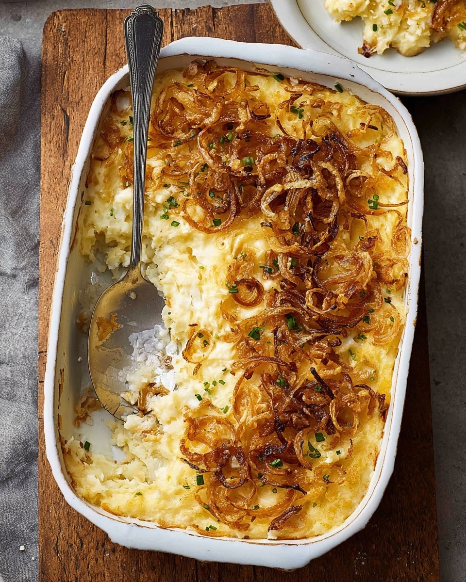 A rectangular white ceramic baking dish filled with a creamy, light yellow potato casserole base with a slightly uneven, soft texture. The top is covered in a generous layer of golden-brown, thinly sliced fried onions that add a crispy, curly texture. The casserole is partially scooped out from the middle left side, revealing the soft inside. Some small green herb bits are sprinkled lightly over the top, adding touches of color. The dish is set on a wooden surface with a silver spoon resting inside, partly inserted into the casserole. A small portion of a white plate with a serving of the casserole can be seen in the background on the upper right edge. Photo taken with an iphone --ar 4:5 --v 7