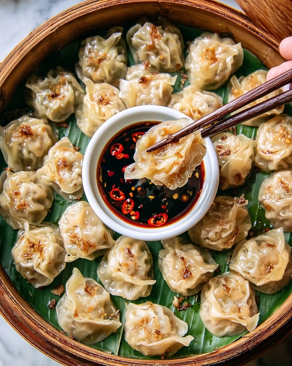 A round bamboo steamer lined with a green leaf holds many small, steamed dumplings with shiny, light beige wrappers and crinkled edges, sprinkled with bits of brown fried garlic. In the center, a small white bowl filled with dark soy dipping sauce with floating red chili rings is surrounded by the dumplings. A pair of dark brown chopsticks held by a woman's hand lifts one dumpling coated in glossy soy sauce above the bowl. The whole setup rests on a white marbled surface. photo taken with an iphone --ar 4:5 --v 7