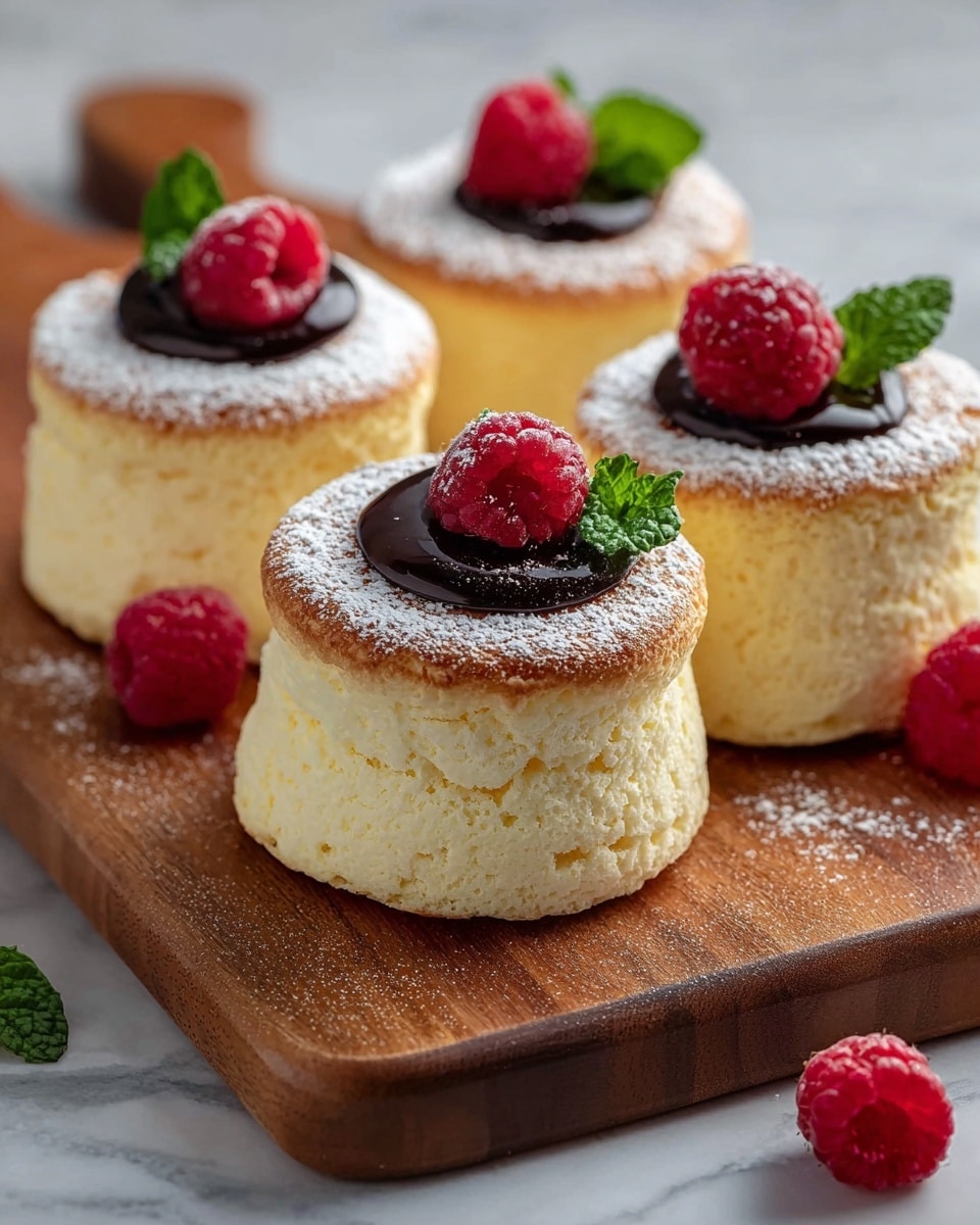 The image shows four fluffy Japanese soufflé cheesecakes placed on a wooden board. Each cheesecake has two main layers: a spongy, light yellow base with a soft texture and a slightly browned top layer dusted with powdered sugar. The top surface of each cheesecake is decorated with a dollop of dark chocolate sauce, two bright red raspberries, and a small green mint leaf. There are extra raspberries scattered around the wooden board, which rests on a white marbled texture. Photo taken with an iphone --ar 4:5 --v 7