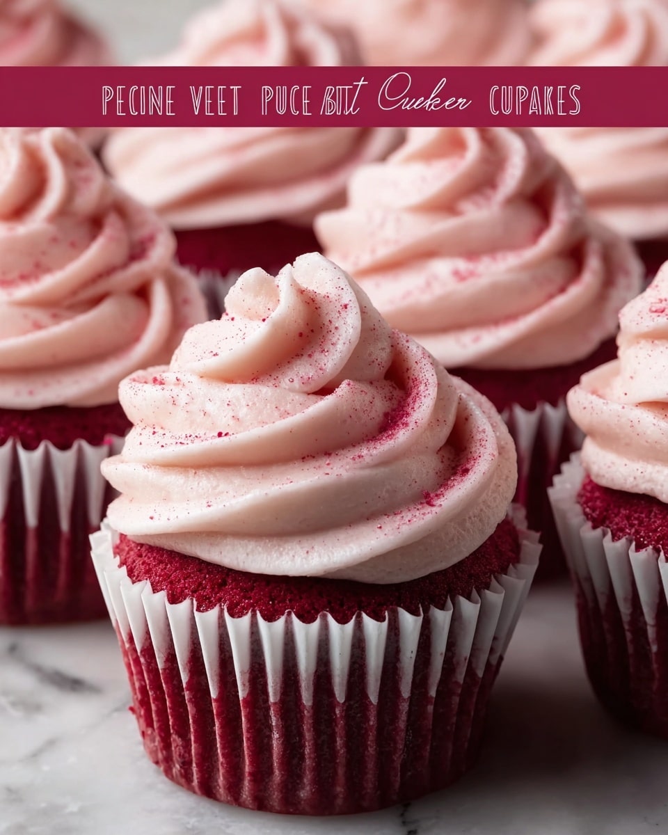 The image shows several pink velvet cupcakes with two main layers each; the bottom layer is a deep red, moist cake with a soft texture, and the top layer is a thick swirl of pale pink frosting with a smooth, creamy texture and sprinkled lightly with fine red crumbs. The cupcakes are wrapped in white ridged paper liners and are closely grouped together, set against a white marbled surface. photo taken with an iphone --ar 4:5 --v 7