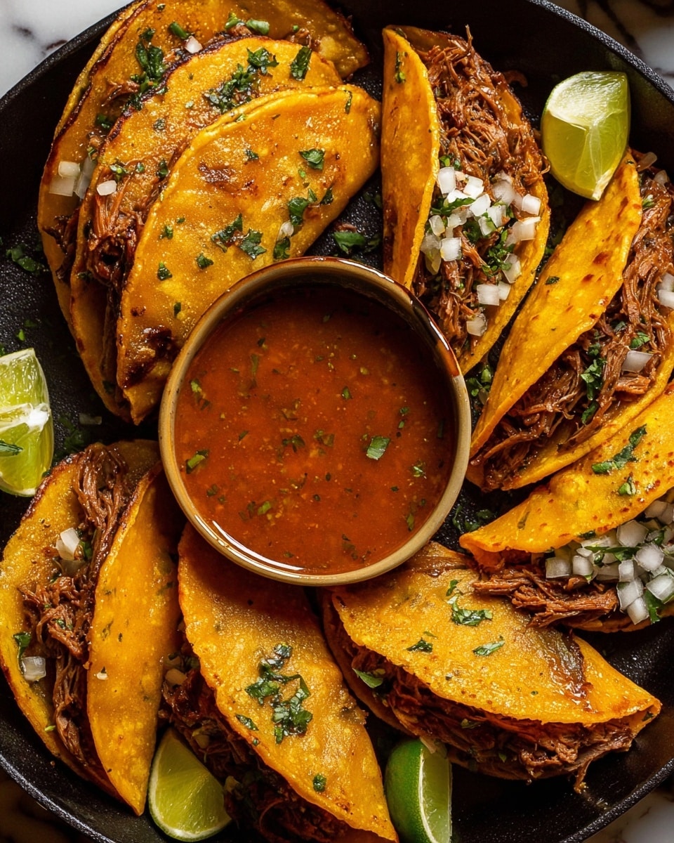 A black skillet filled with several golden-brown tacos arranged in a circular shape around a bowl of reddish-brown dipping sauce in the center. Each taco has a slightly crispy, textured shell layered with shredded meat, finely chopped white onions, and green herbs. One taco is dipped halfway into the sauce, showing its wet and vibrant orange-yellow shell. Bright green lime wedges are placed around the tacos on the white marbled surface. The lighting highlights the glossy texture of the sauce and the crispy edges of the taco shells. Photo taken with an iphone --ar 4:5 --v 7