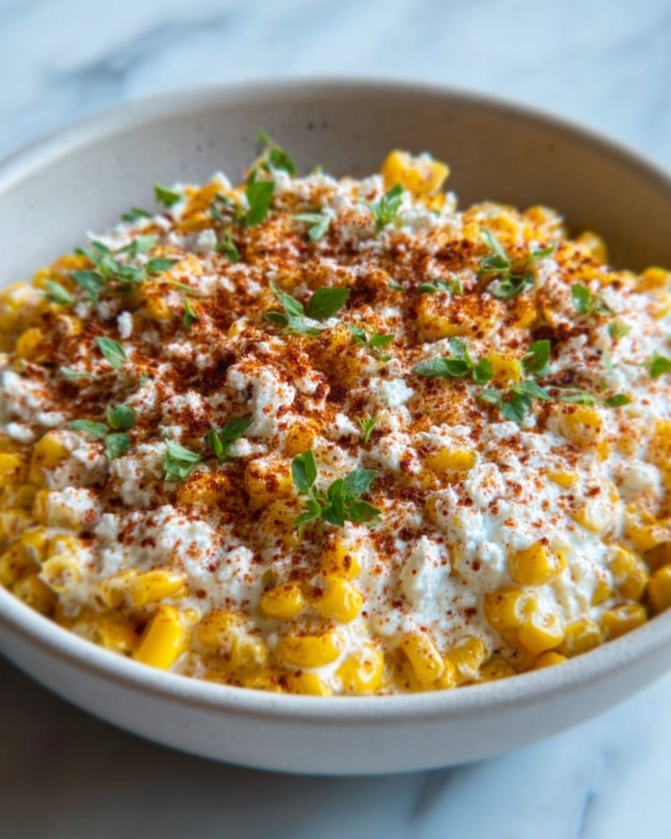 The image shows a close-up of a bowl filled with creamy corn salad. The base layer is bright yellow corn kernels, looking juicy and soft. On top of the corn is a thick layer of white creamy sauce, spread evenly but with some texture showing. The salad is sprinkled with a reddish-brown spice powder and small green herb leaves scattered across, adding color contrast. The bowl is white, and the background is a white marbled surface that highlights the dish. photo taken with an iphone --ar 4:5 --v 7