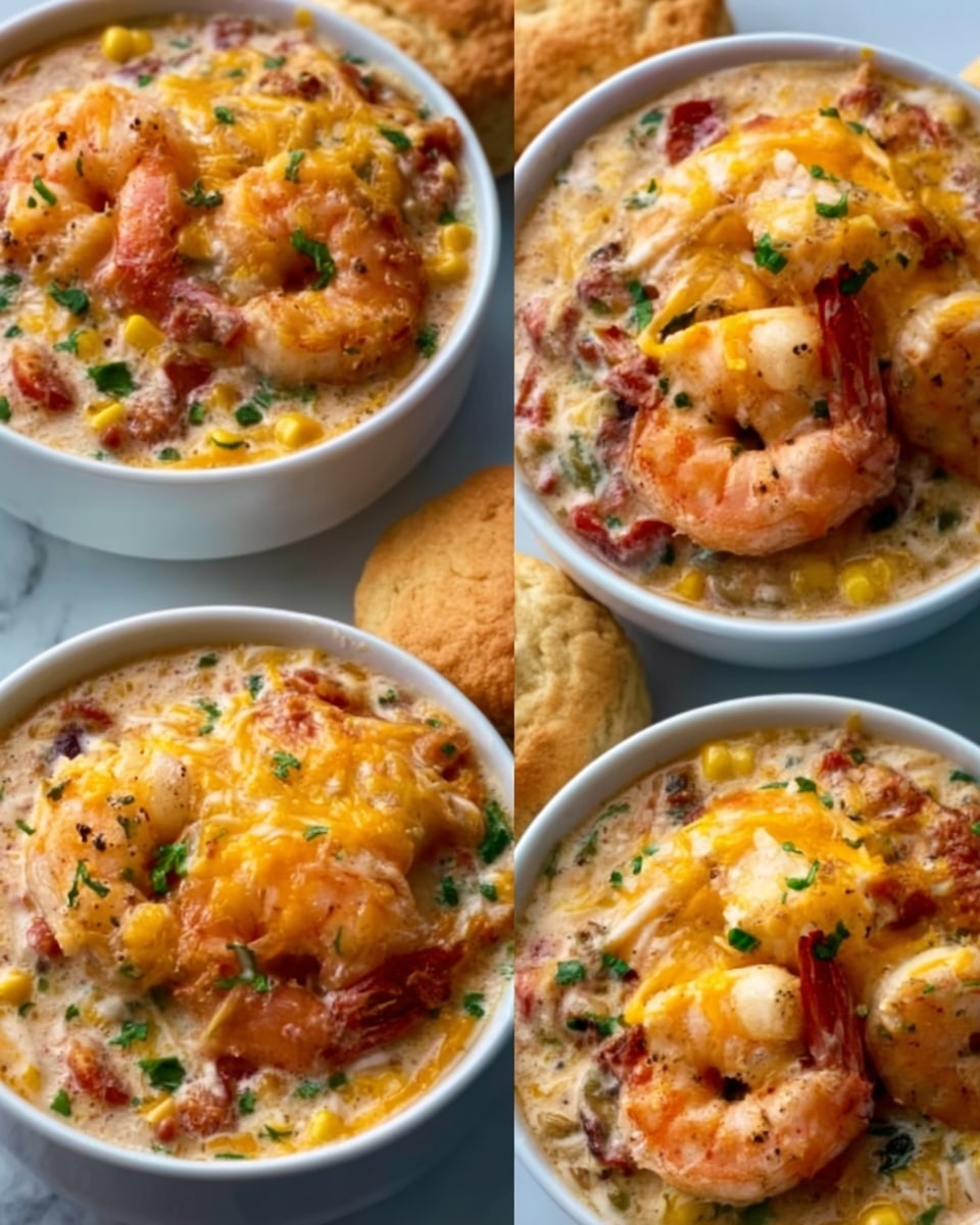 The image shows four white bowls filled with a creamy shrimp stew. Each bowl has several large, pink shrimp on top, covered with a thick layer of melted yellow cheddar cheese. The cheese has some browned spots, showing it is baked or broiled. Below the cheese layer, the stew looks creamy with visible red tomato pieces, small green herbs, and bits of corn. The shrimp and vegetables are mixed in a thick sauce that appears smooth and rich. Next to each bowl, there are two golden-brown biscuits resting on a white marbled surface. The colors range from bright orange and pink shrimp to the creamy white and green stew base, making the dish look warm and comforting. Photo taken with an iphone --ar 4:5 --v 7