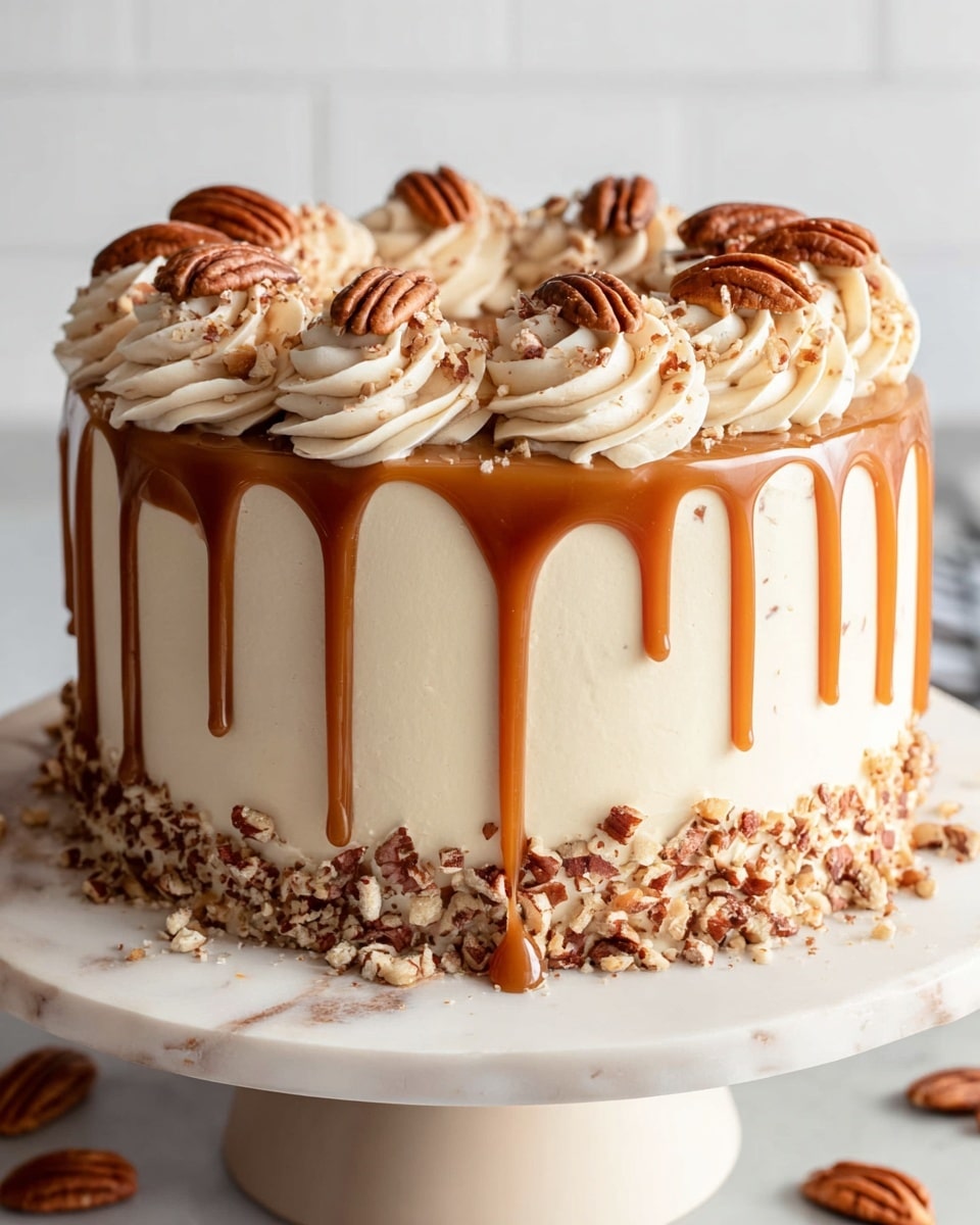 A three-layer round cake covered smoothly in light beige cream with a shiny caramel drip running down the sides. The top layer is decorated with evenly spaced swirls of creamy frosting, each topped with a whole pecan half and small pieces of crumbled nuts scattered around. The base of the cake is lined with crushed pecans and some whole pecan halves placed on the white marbled cake stand. The background shows a clean white marbled surface with soft lighting highlighting the creamy texture and rich caramel color. photo taken with an iphone --ar 4:5 --v 7