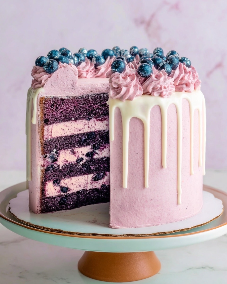 A thick round cake with three layers mostly covered in smooth white frosting, all coated fully with small dark chocolate chips pressed into the sides. On top, five large swirls of the same white frosting are evenly spaced along the edge. The cake sits on a white plate with a short pedestal, and the background is a soft blue-gray with a hint of blurred white. photo taken with an iphone --ar 4:5 --v 7