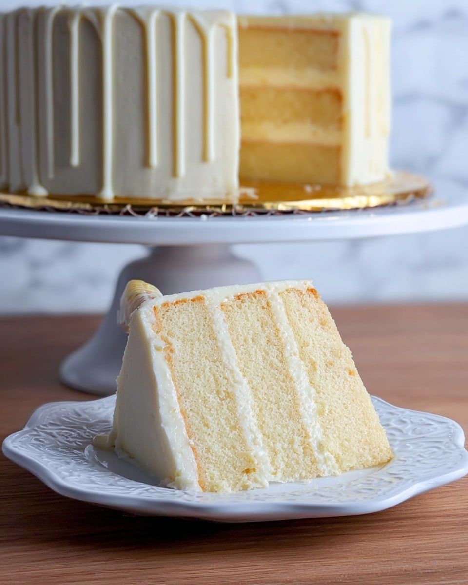 A tall, layered cake with four thick layers of dark purple sponge, each separated by a thin layer of light pink frosting. The outside is coated in the same light pink frosting, smooth and even. On the top edge, there are swirls of pink frosting piped in a decorative pattern, each topped with a shiny cluster of blueberries. White drip icing runs unevenly down the sides of the cake, creating vertical lines from top to bottom. The cake is placed on a white plate with a gold rim, set on a stand with a soft brown base, all against a white marbled texture. photo taken with an iphone --ar 4:5 --v 7