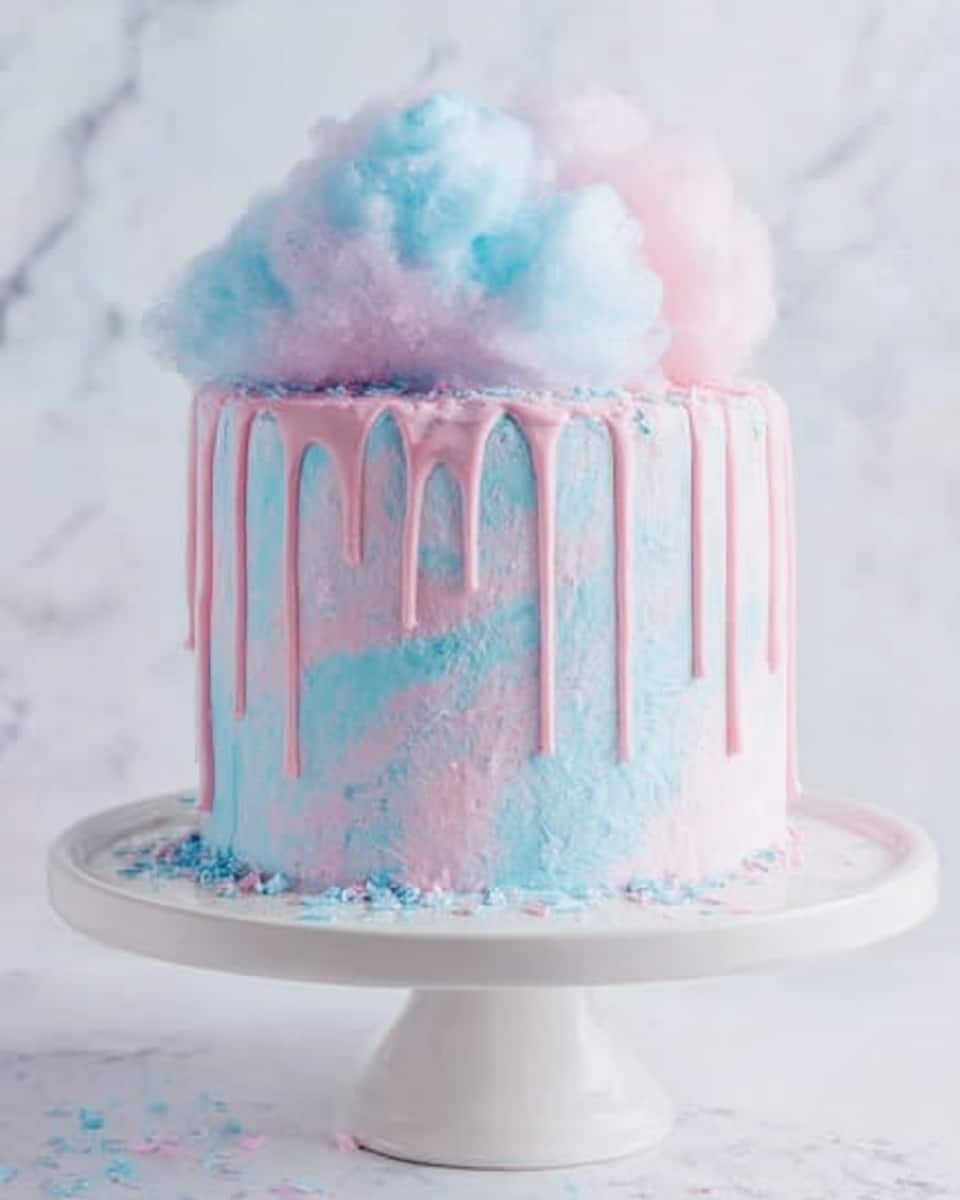 A two-layer tall cake with smooth light blue and pink marbled frosting covers the sides. Thin pink drip icing runs down from the top edge over the sides. On top lies a fluffy mound of cotton candy in a mix of light pink and light blue colors, adding a soft and airy texture. The cake sits on a white cake stand against a white marbled background. Photo taken with an iphone --ar 4:5 --v 7