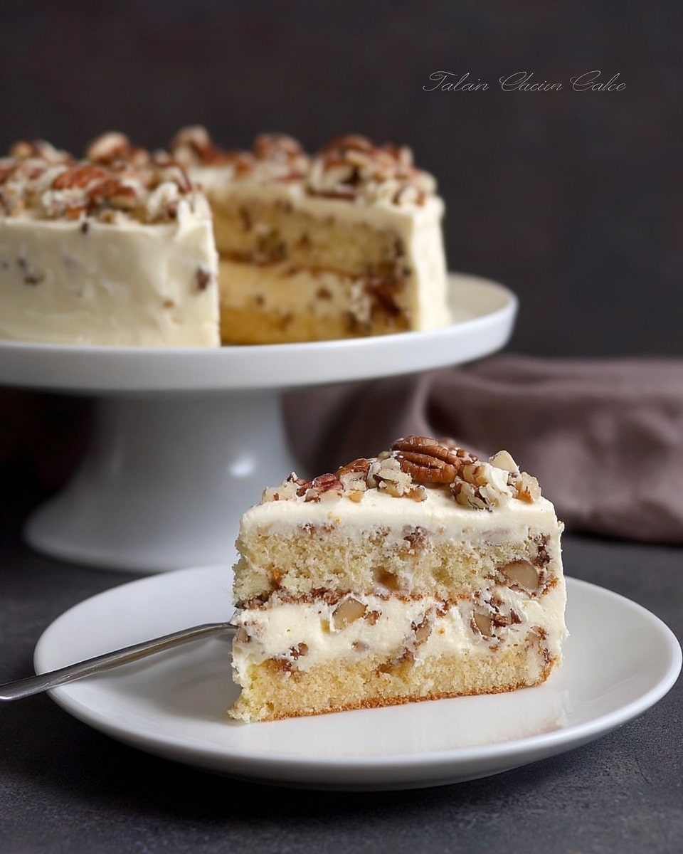 The image shows a slice of Italian cream cake on a white plate in the foreground, with the remaining whole cake on a white cake stand in the background. The cake has two thick layers of light yellow cream filling mixed with bits of nuts, and the sponge layers are a light golden-brown with small pieces of nuts inside. The top layer is covered with smooth white frosting and sprinkled with chopped pecans. The cake surface has a soft, creamy texture, and the slice shows a clean cut revealing the even layers of sponge and cream. The background features a blurred dark surface, but the focus is on the cake and slice. Photo taken with an iphone --ar 4:5 --v 7