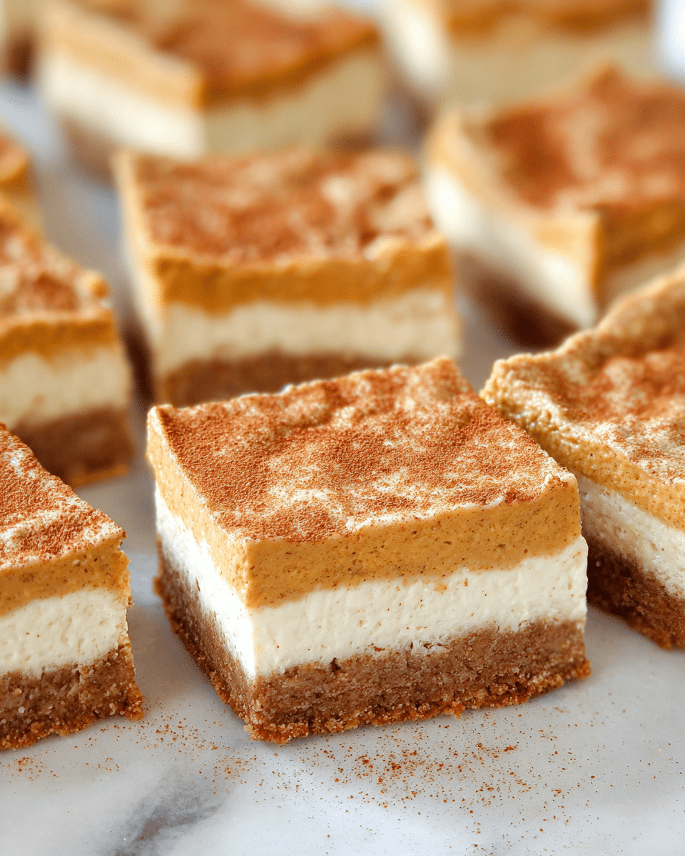The image shows several square dessert bars arranged closely on a white marbled surface. Each bar has three layers: a bottom layer of a dense brown crust, a middle layer of creamy white filling, and a thick top layer of light brown pumpkin-colored mixture with a slightly grainy texture and dusted with fine cinnamon powder. The layers are even and distinct, giving the bars a neat, layered look. The bars have clean edges and look soft and rich. Photo taken with an iphone --ar 4:5 --v 7