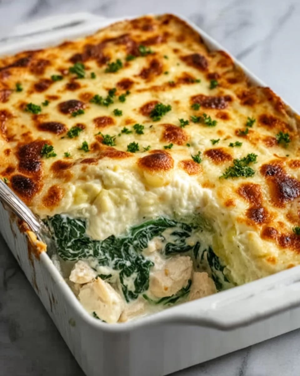 The image shows a white rectangular baking dish filled with a layered casserole. The top layer is golden brown melted cheese with small browned spots and green herb sprinkles. Below that, there is a creamy white sauce mixed with tender pieces of cooked chicken. At the bottom, there is a layer of cooked spinach visible through a scoop taken out in the center, showing the smooth creamy texture of the sauce and the vibrant dark green leaves underneath. The dish is placed on a white marbled surface. Photo taken with an iphone --ar 4:5 --v 7