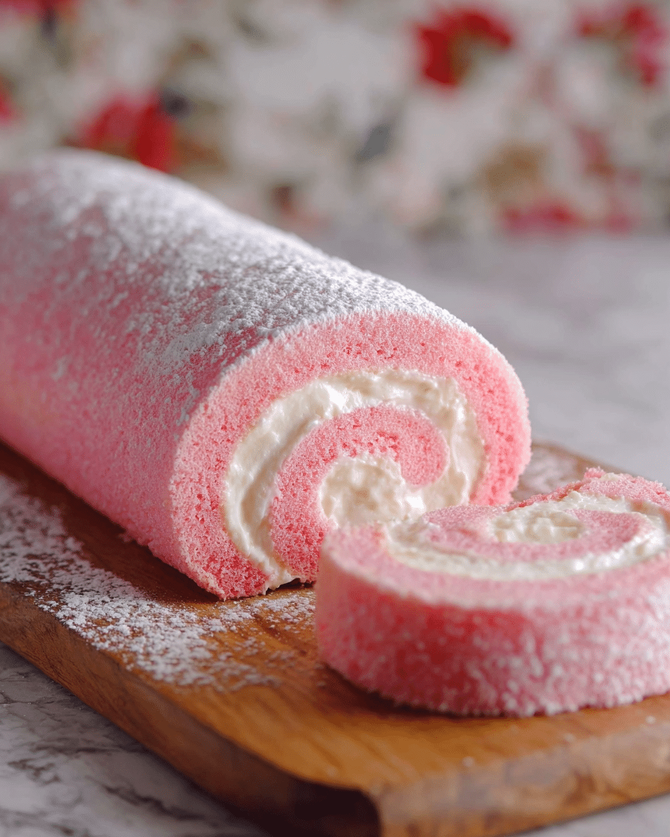 A pink Swiss roll cake is shown on a wooden cutting board with a light dusting of powdered sugar all over its surface. The roll has two visible layers: the outer pink sponge cake layer is smooth and soft, while the inner layer is a creamy white filling that spirals neatly toward the center. One slice is cut and placed next to the larger roll, showing the clean swirl of cake and filling. The background features a white marbled texture with a blurred floral pattern. photo taken with an iphone --ar 4:5 --v 7