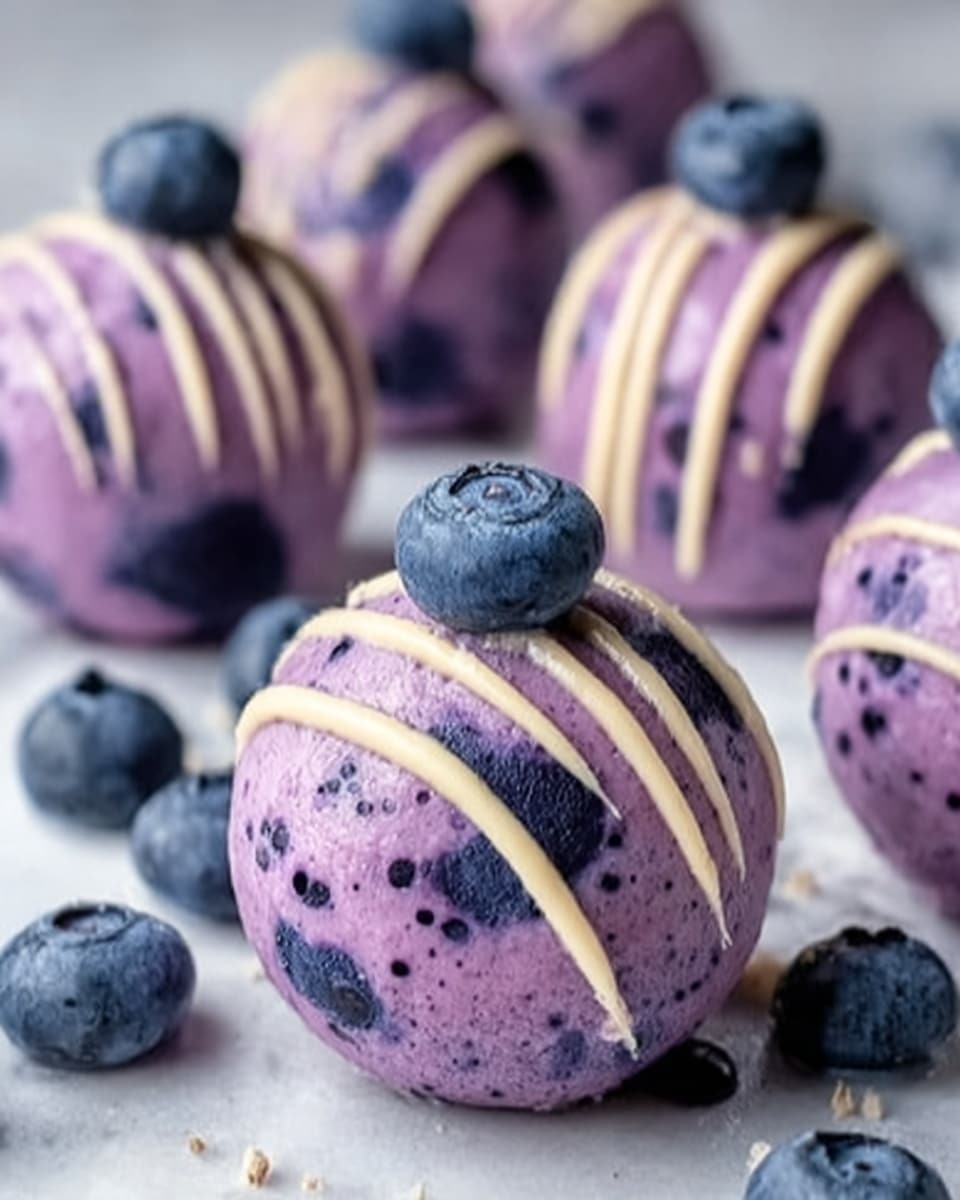 The image shows several round purple dessert balls placed on a white marbled surface. Each ball is smooth and textured with tiny darker purple and black spots, and they are decorated with thin, light beige drizzle lines running across the top. On top of each ball, a single fresh blueberry is placed as a garnish. Extra blueberries are scattered around the balls on the surface. The lighting highlights the soft texture and colors of the dessert. Photo taken with an iphone --ar 4:5 --v 7