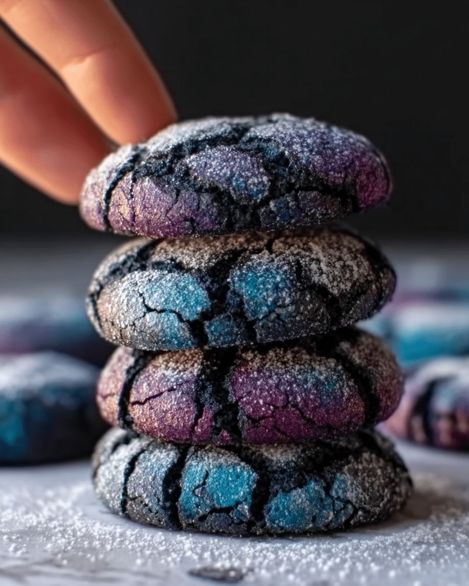A stack of four round cookies with a cracked surface sits on a white marbled texture. The cookies have a mix of dark blue, purple, and black colors with powdered sugar dusted lightly on top, highlighting the cracks. The texture looks soft and slightly chewy. A woman's hand is gently touching the top cookie on the stack, adding a sense of scale. More cookies are blurred in the background, giving depth to the scene. The lighting is soft, focusing attention on the colorful cracked patterns. Photo taken with an iphone --ar 4:5 --v 7