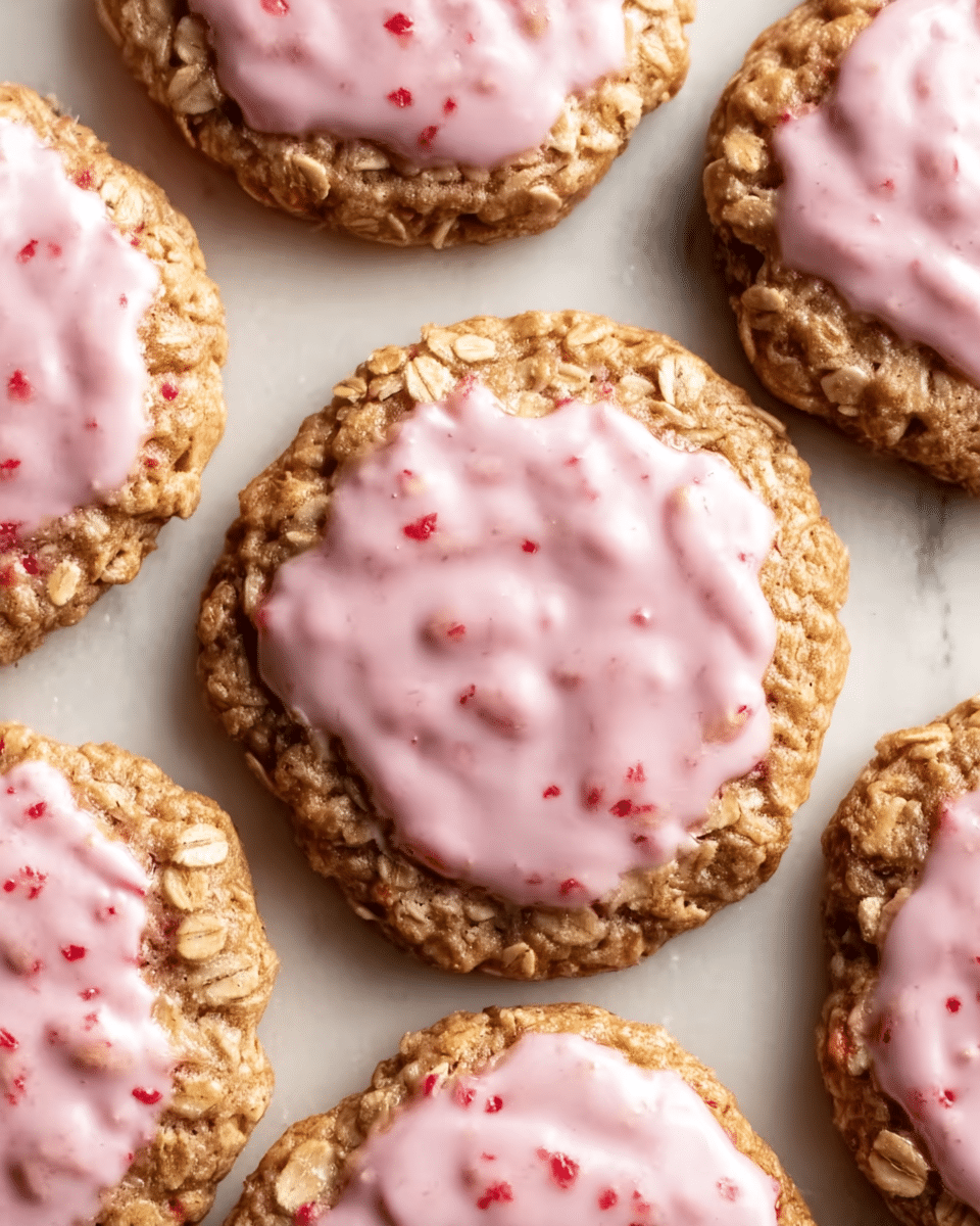 The image shows a close-up of several round oatmeal cookies with a rough texture, each topped with a smooth, creamy pink glaze that has small red specks scattered throughout. The cookies are positioned flat on a white marbled surface, highlighting their golden-brown oat color beneath the glossy pink layer. The pink icing spreads unevenly, allowing some parts of the oats to show through. Photo taken with an iphone --ar 4:5 --v 7