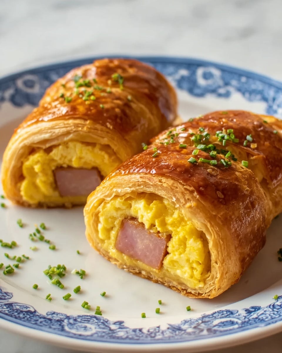 The image shows two pieces of a golden brown pastry roll cut in half and placed on a white plate with a blue floral pattern. Each pastry piece has a flaky outer layer with a shiny, slightly crispy texture. Inside, there is a thick filling composed of yellow scrambled eggs and a square piece of pink sausage in the middle. Small green herb bits are sprinkled on top of the pastries and scattered on the plate. The plate sits on a white marbled surface with soft lighting highlighting the details. photo taken with an iphone --ar 4:5 --v 7