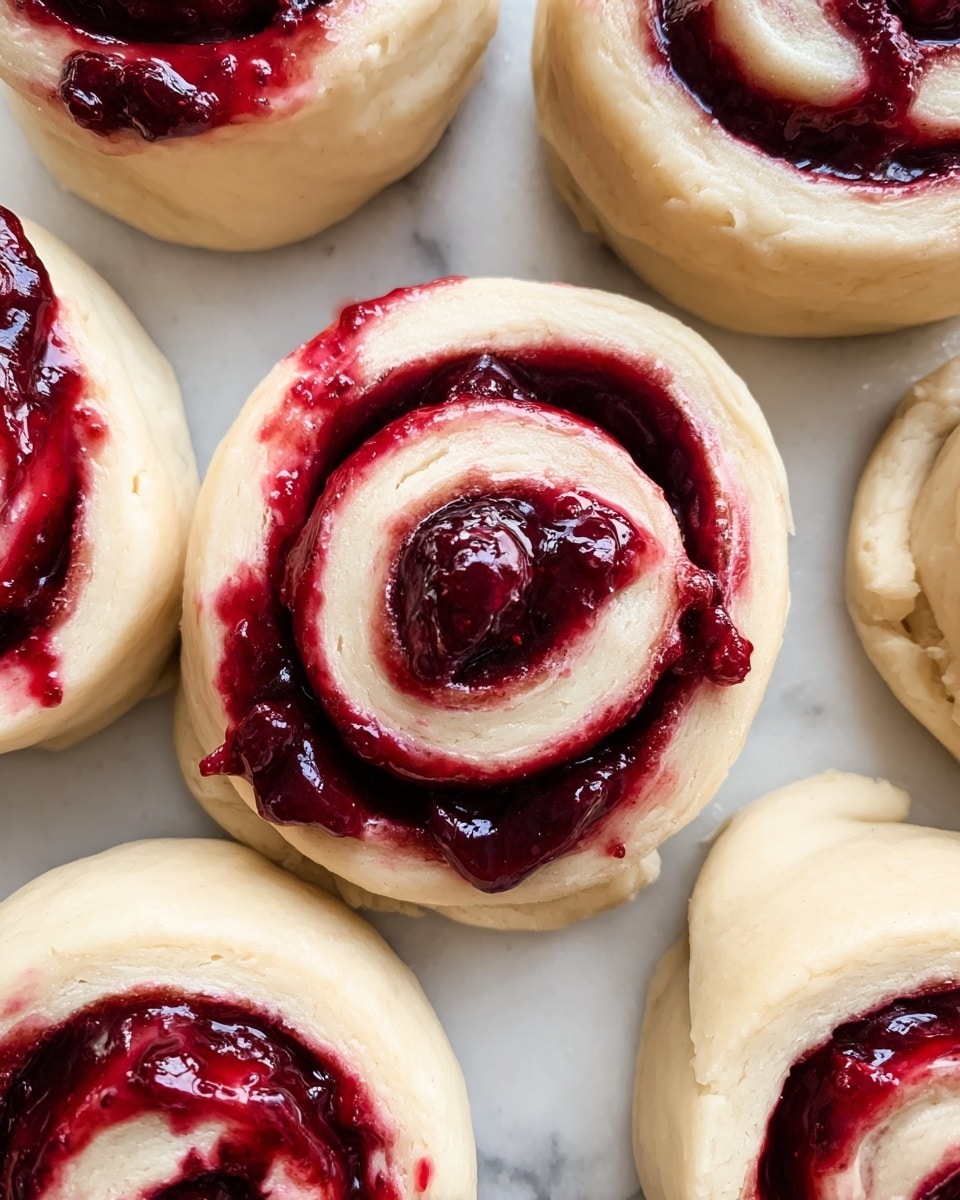 The image shows several uncooked spiral rolls on a white marbled surface, each with two main layers. The bottom layer is soft, pale beige dough rolled tightly to form a circular base. The top layer is a thick, glossy, deep red berry filling that glistens and appears sticky, swirling through the dough in a spiral pattern and slightly oozing out at some spots. The rolls are placed close to each other, with some berry filling staining the white surface beneath. Photo taken with an iphone --ar 4:5 --v 7