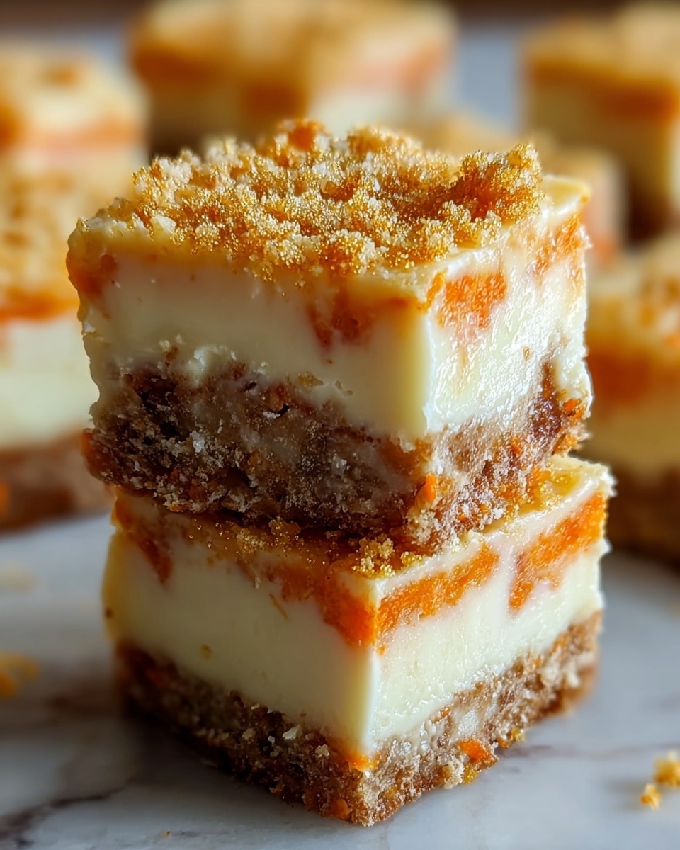 The image shows two square pieces of a layered dessert stacked on top of each other. Each piece has three visible layers: the bottom layer is textured and brown with small bits of orange, likely carrot, giving it a crumbly and moist look; the middle layer is a thick, smooth, creamy white filling; and the top layer is a thin spread of orange, finishing with a sprinkle of golden brown crumbs. The dessert sits on a white marbled surface, with other squares blurred in the background. photo taken with an iphone --ar 4:5 --v 7