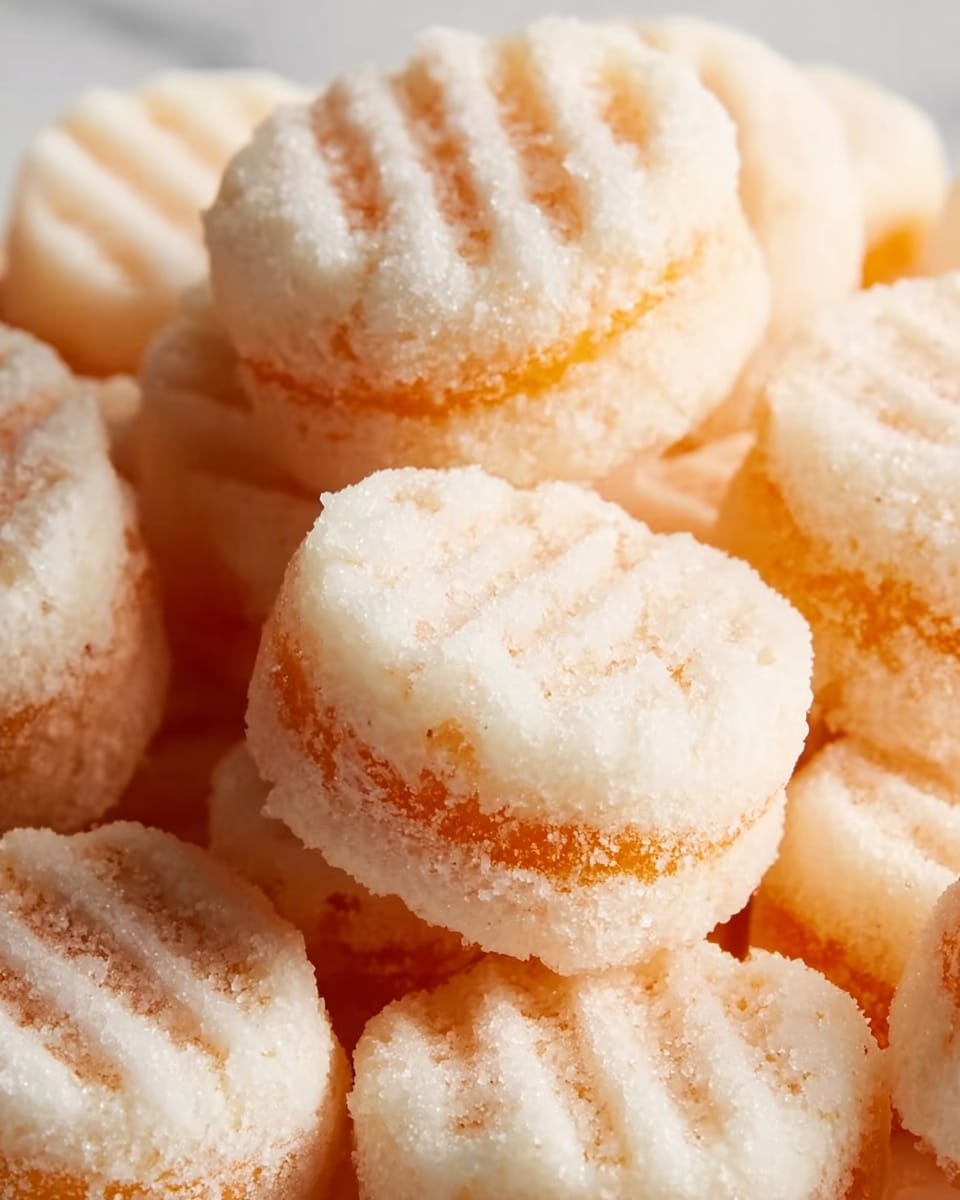 The image shows many small, round sweets stacked closely together. Each sweet has two visible layers: a white outer layer that looks soft and crumbly with fine sugar crystals on the surface, and a thin orange layer in the middle that seems smooth and slightly moist. The top of each sweet has shallow, evenly spaced fork marks that create a textured pattern. The sweets are piled on a white marbled surface, filling the frame with their creamy white and faint orange colors. Photo taken with an iphone --ar 4:5 --v 7