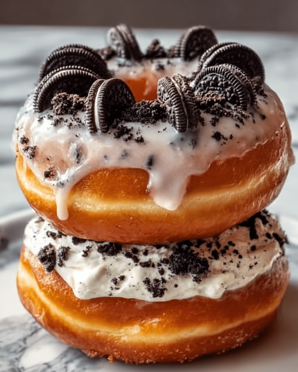 The image shows a stack of two glazed doughnuts on a white marbled surface. The bottom doughnut is topped with a layer of white cream mixed with dark cookie crumbs, creating a rough texture. Above it, another doughnut is covered with the same white cream and cookie crumb mixture, with a smooth and glossy glaze that shines under the light. The top doughnut is decorated with whole dark cookies, placed neatly in a circle. The doughnuts have a golden-brown color with a soft and shiny glaze. Photo taken with an iphone --ar 4:5 --v 7