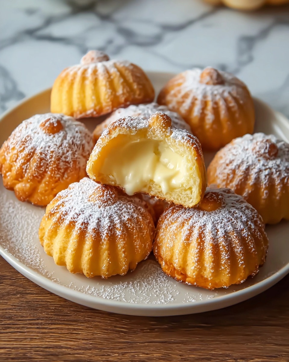 The image shows a white plate with six small pumpkin-shaped pastries, each with a golden-brown outer layer covered with a light dusting of powdered sugar. One pastry is cut open and placed on top of another, revealing a creamy, smooth pale yellow filling inside. The pastries have ridged textures resembling pumpkin grooves. The plate is set on a wooden surface with a white marbled texture in the background. Photo taken with an iphone --ar 4:5 --v 7
