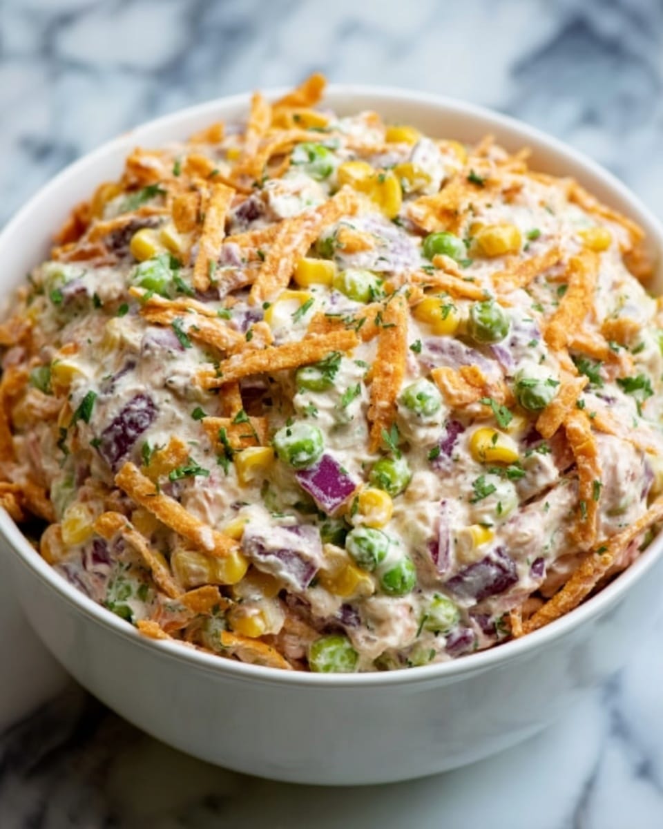 The image shows a white bowl filled with a creamy salad made of many layers. The base layer has orange crunchy strips mixed with small green peas and yellow corn. Over this, there is a thick creamy layer that binds everything together, showing bits of purple onion and some small green herbs. The colors mix well, creating a textured look with crunchy and soft parts visible. The bowl is placed on a white marbled surface. photo taken with an iphone --ar 4:5 --v 7